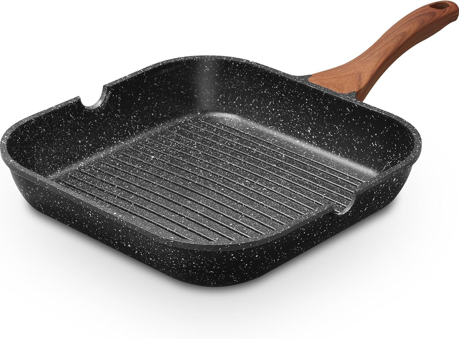 Black Nonstick Granite Coating Square Grill Pan with Wooden Handle