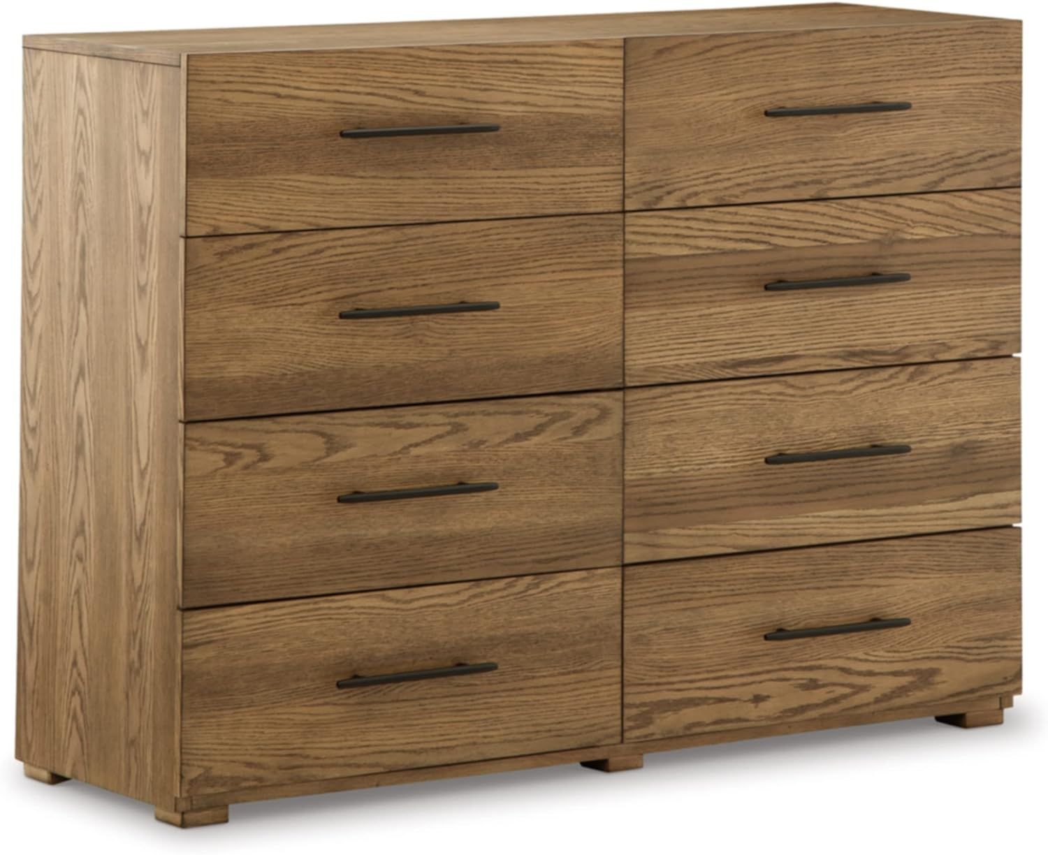 Light Brown Oak Veneer 8-Drawer Dresser with Black Iron Pulls