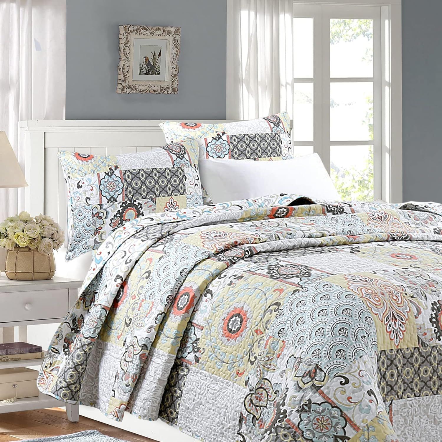 King Blue Cotton Reversible Patchwork Quilt Set