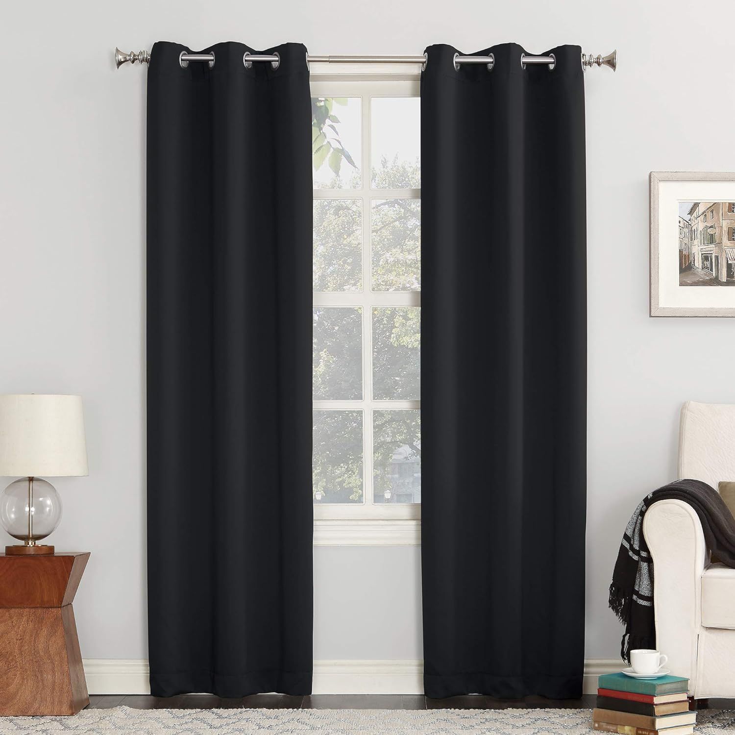 Black Polyester Blackout Grommet Curtain Panel for Windows