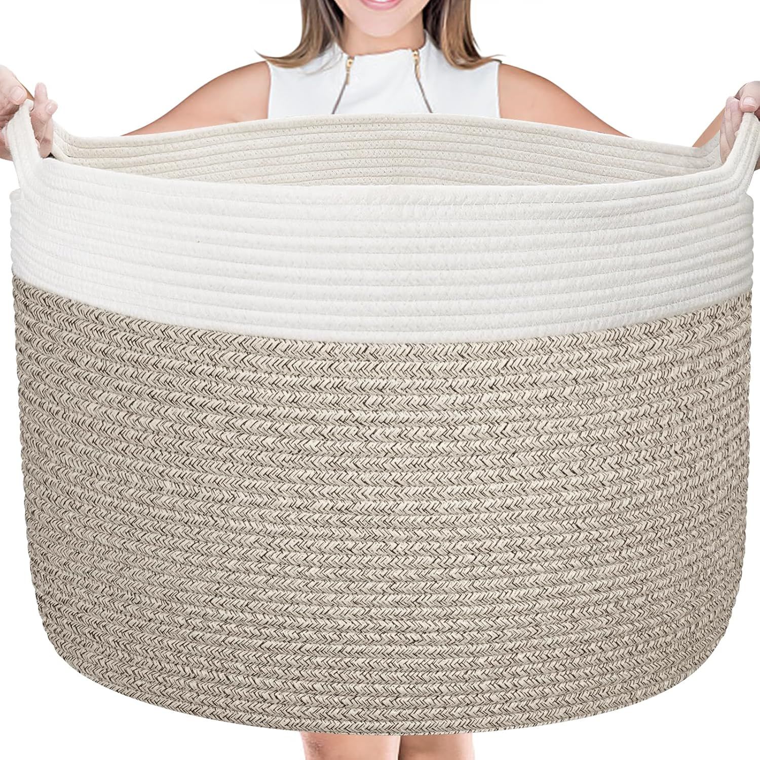 XXL Beige and White Cotton Rope Storage Basket with Handles