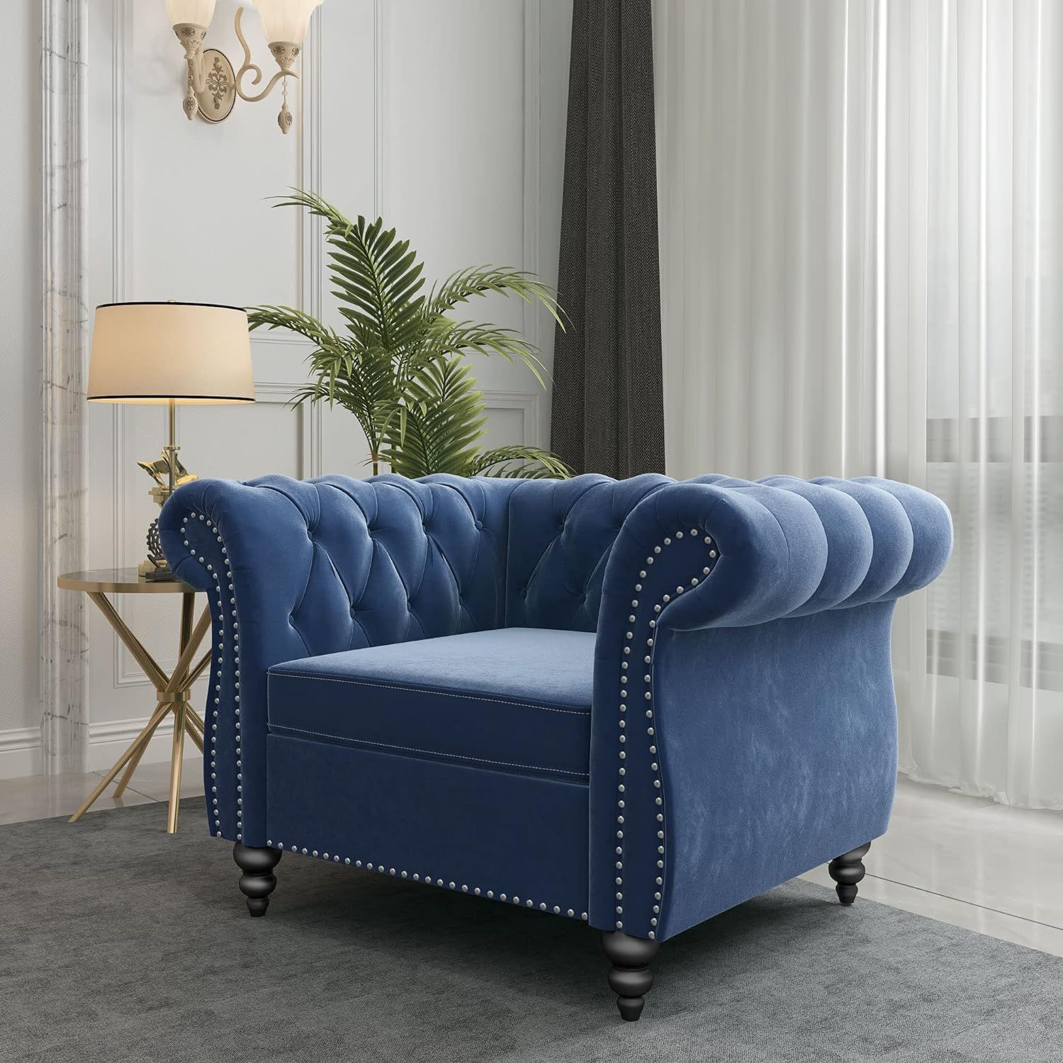 Blue Velvet Chesterfield Accent Chair with Wood Legs