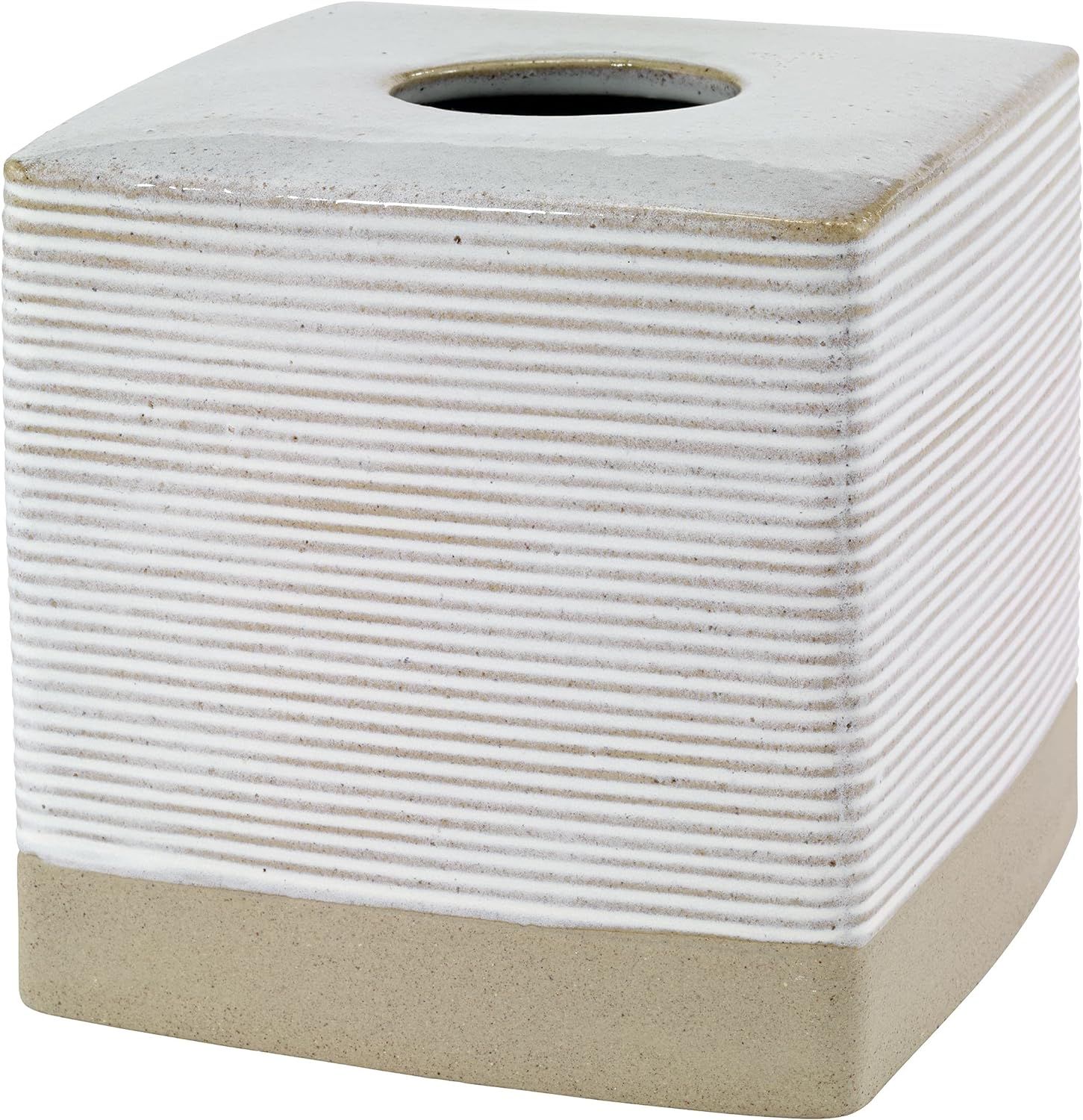 Textured White and Linen Ceramic Tissue Box Cover