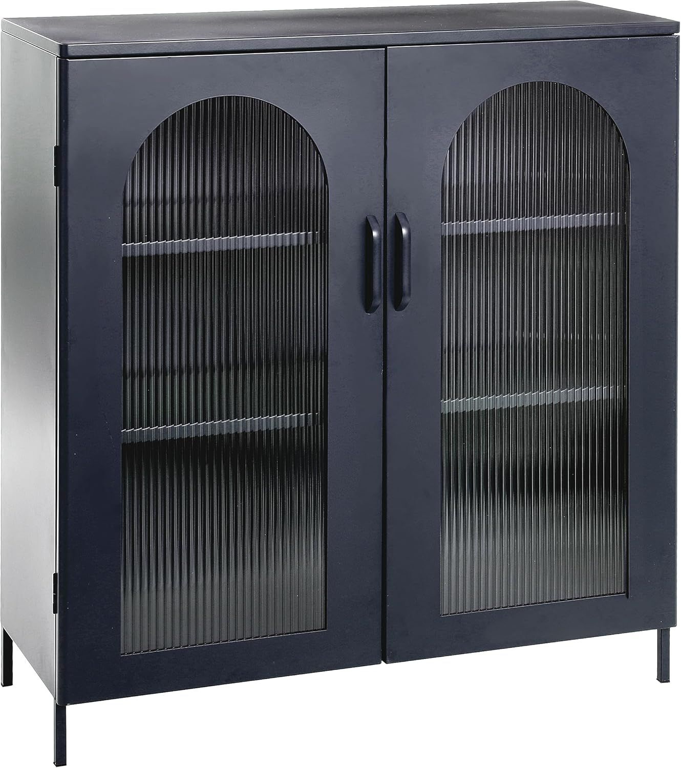 Black Metal Cabinet with Arched Glass Doors and Adjustable Shelves