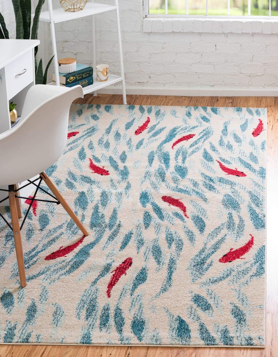 Positano Beige and Red Marine Motif Rectangular Rug