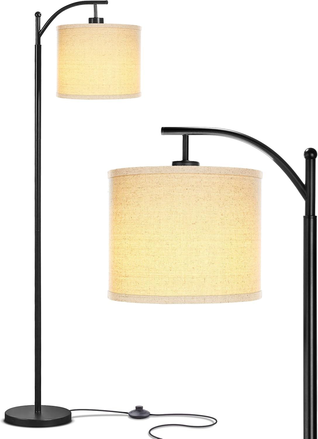 Classic Black Arc LED Floor Lamp with Tan Drum Shade