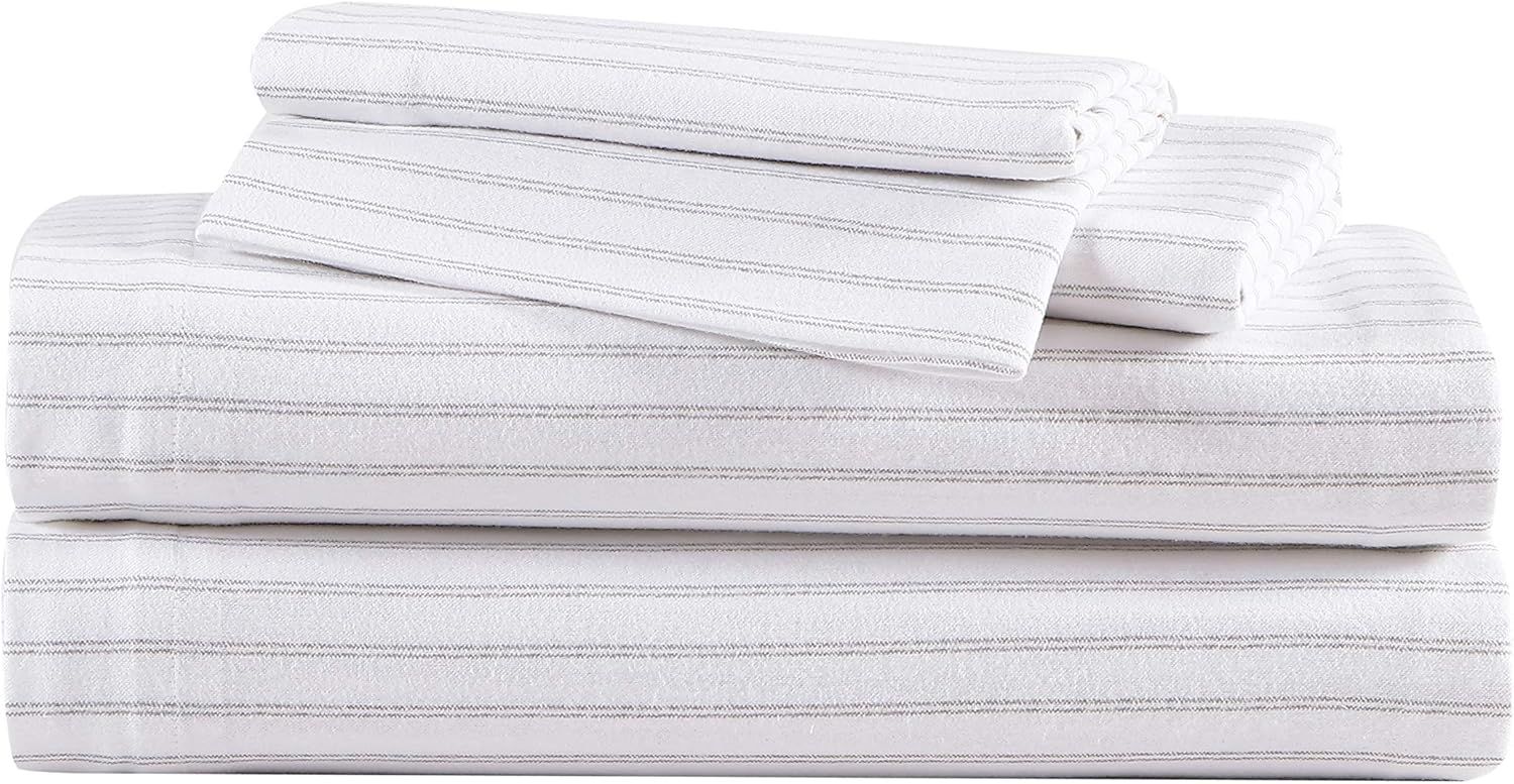 Gray Striped Cotton Flannel King Sheet Set with Deep Pockets