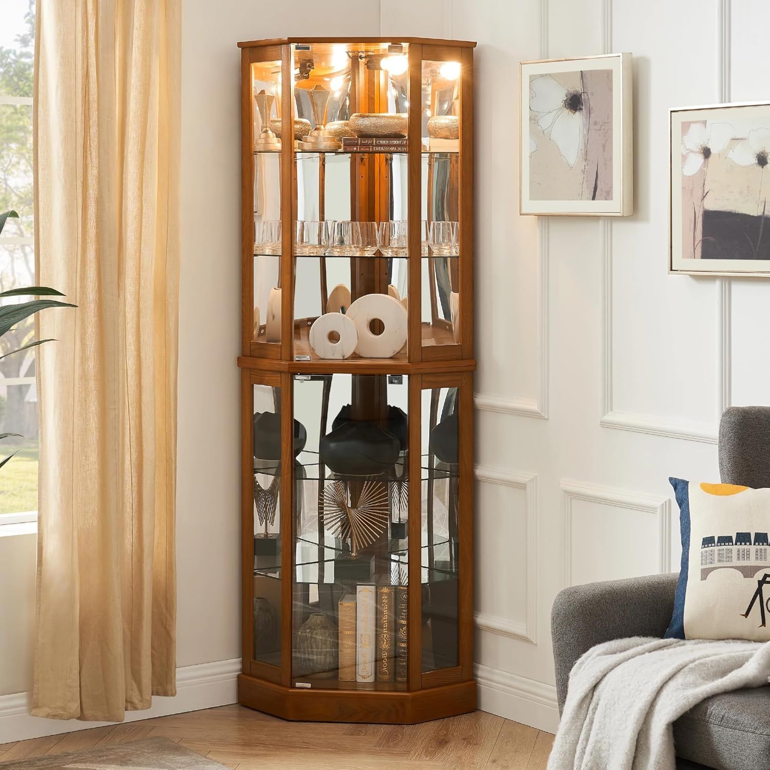 Oak Corner Curio Cabinet with Lights and Glass Shelves