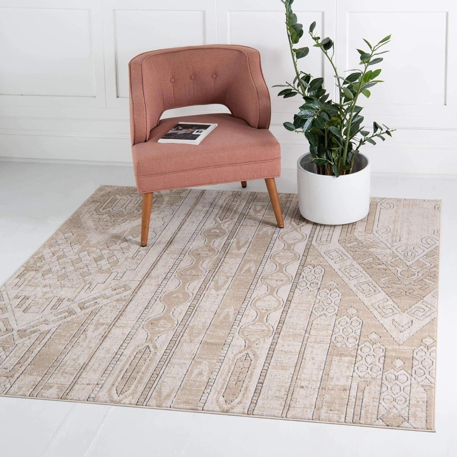 Ivory Tan Geometric 8' Square Indoor Easy-Care Rug