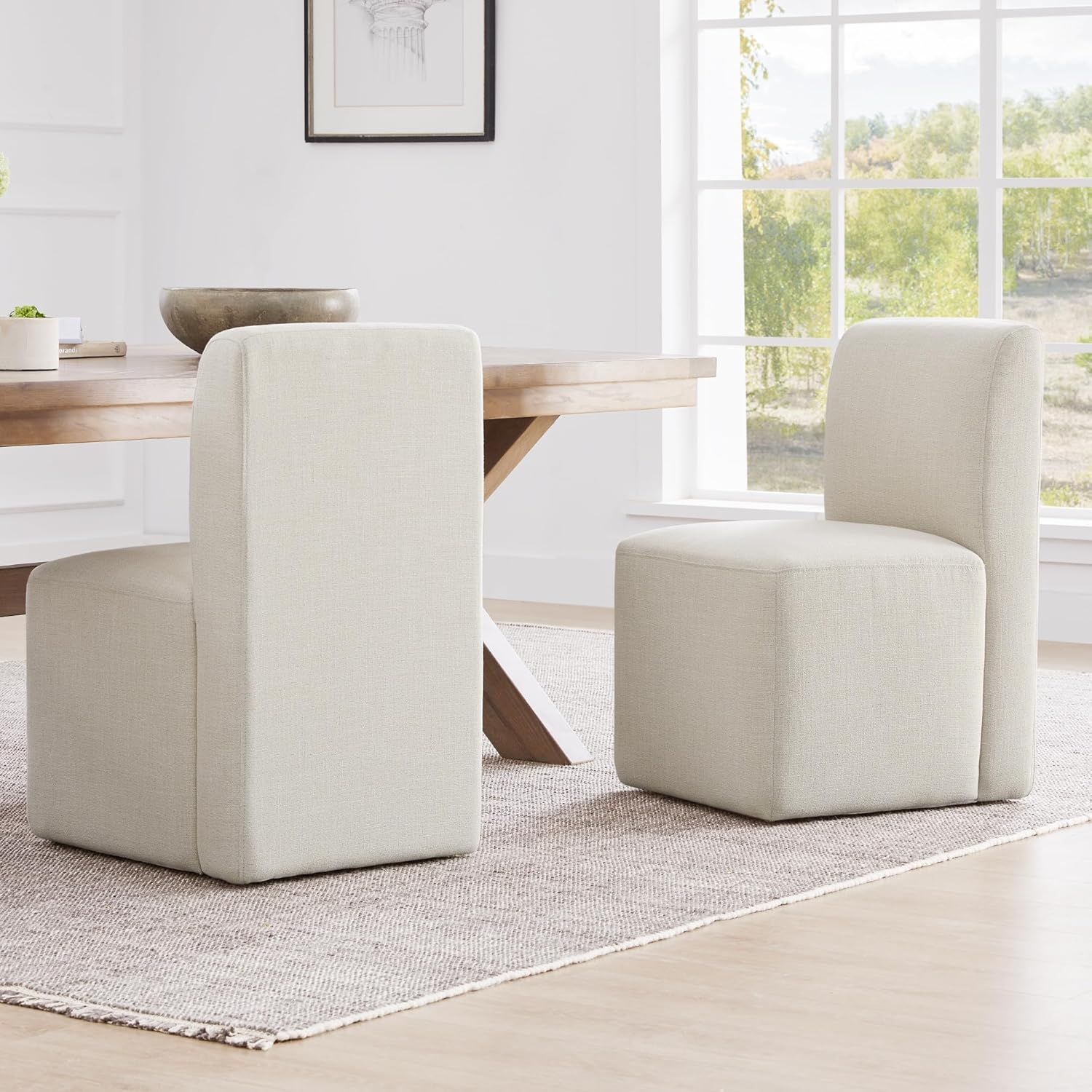 Set of 2 Linen Upholstered Armless Rolling Dining Chairs