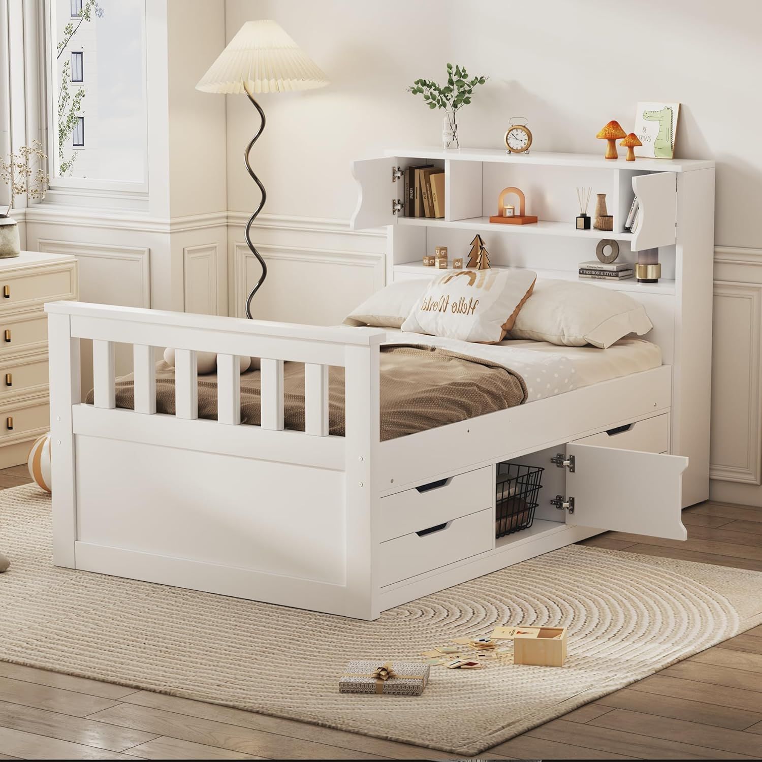 White Twin Wood Platform Bed with Bookcase Headboard and Storage Drawers