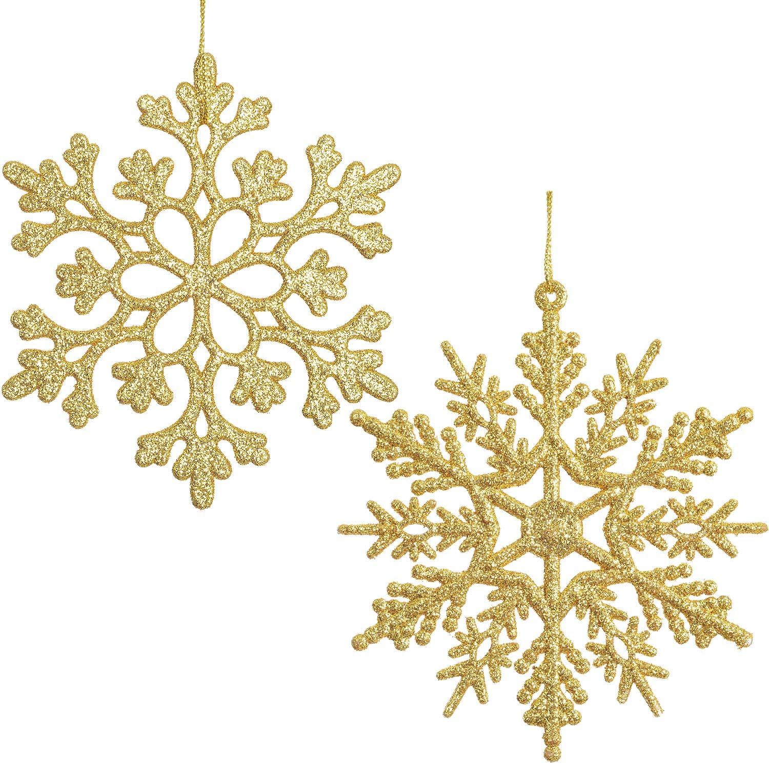 Gold Glitter Plastic Snowflake Ornaments Set, 4 Inch, 36 Count