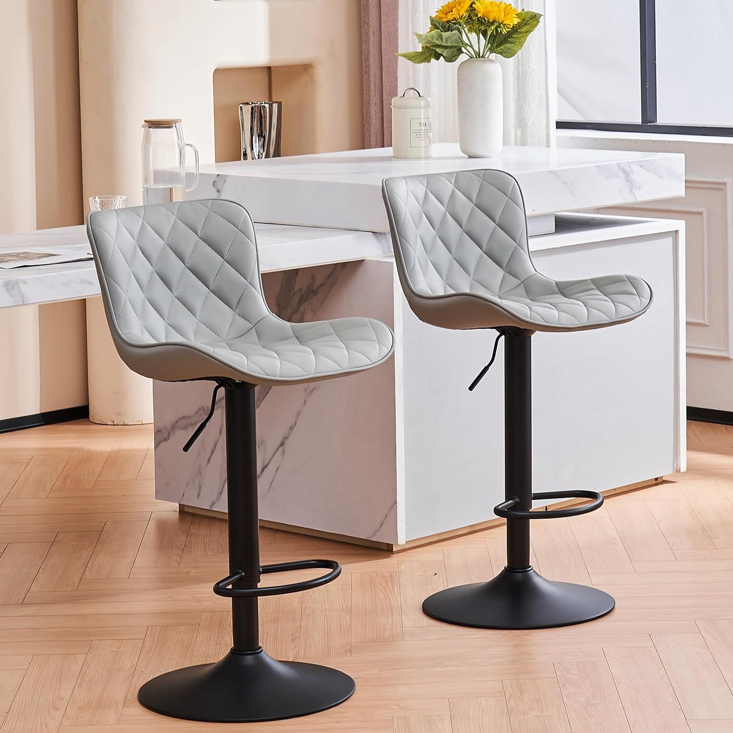 Gray Faux Leather Adjustable Swivel Bar Stools with Back, Set of 2