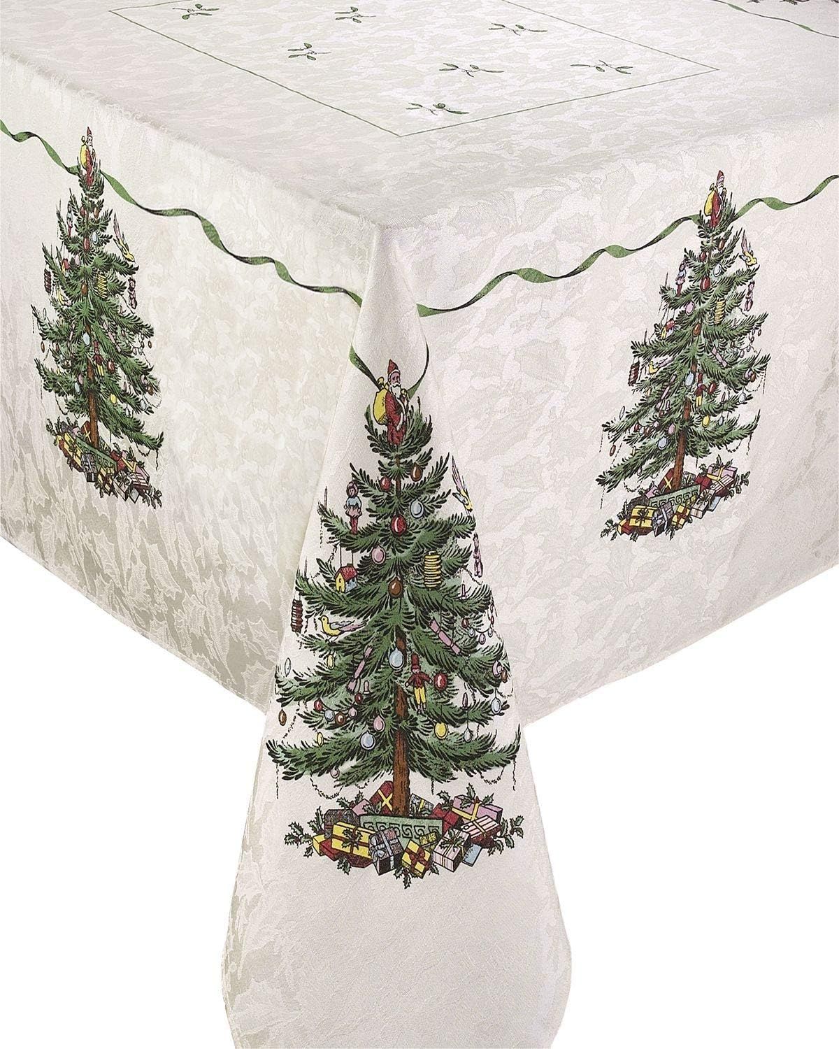 Christmas Tree Green and White Cotton Polyester Tablecloth