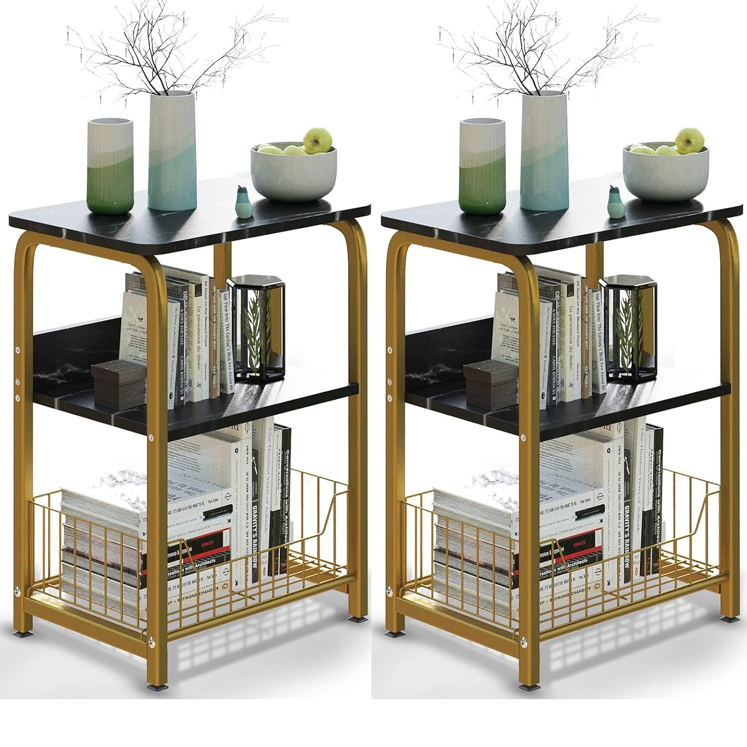 Black Wood and Metal 3-Tier End Table with Storage Shelves