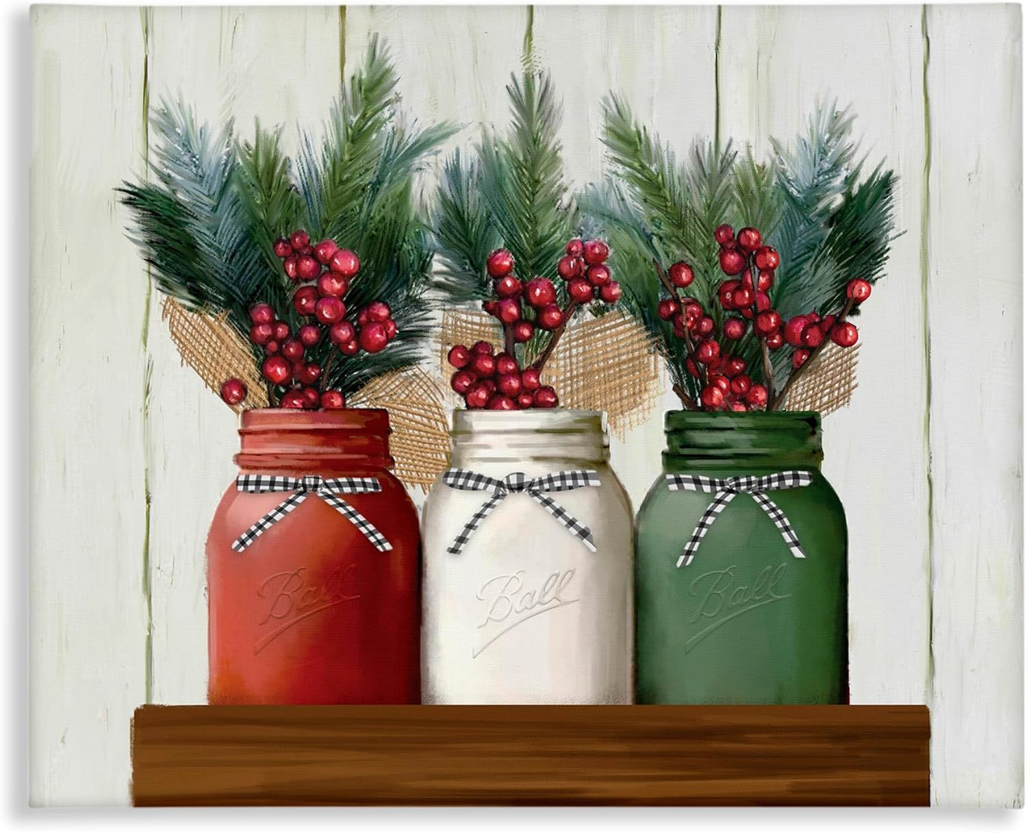 Festive Christmas Jars Canvas Wall Art with Berry Bouquets