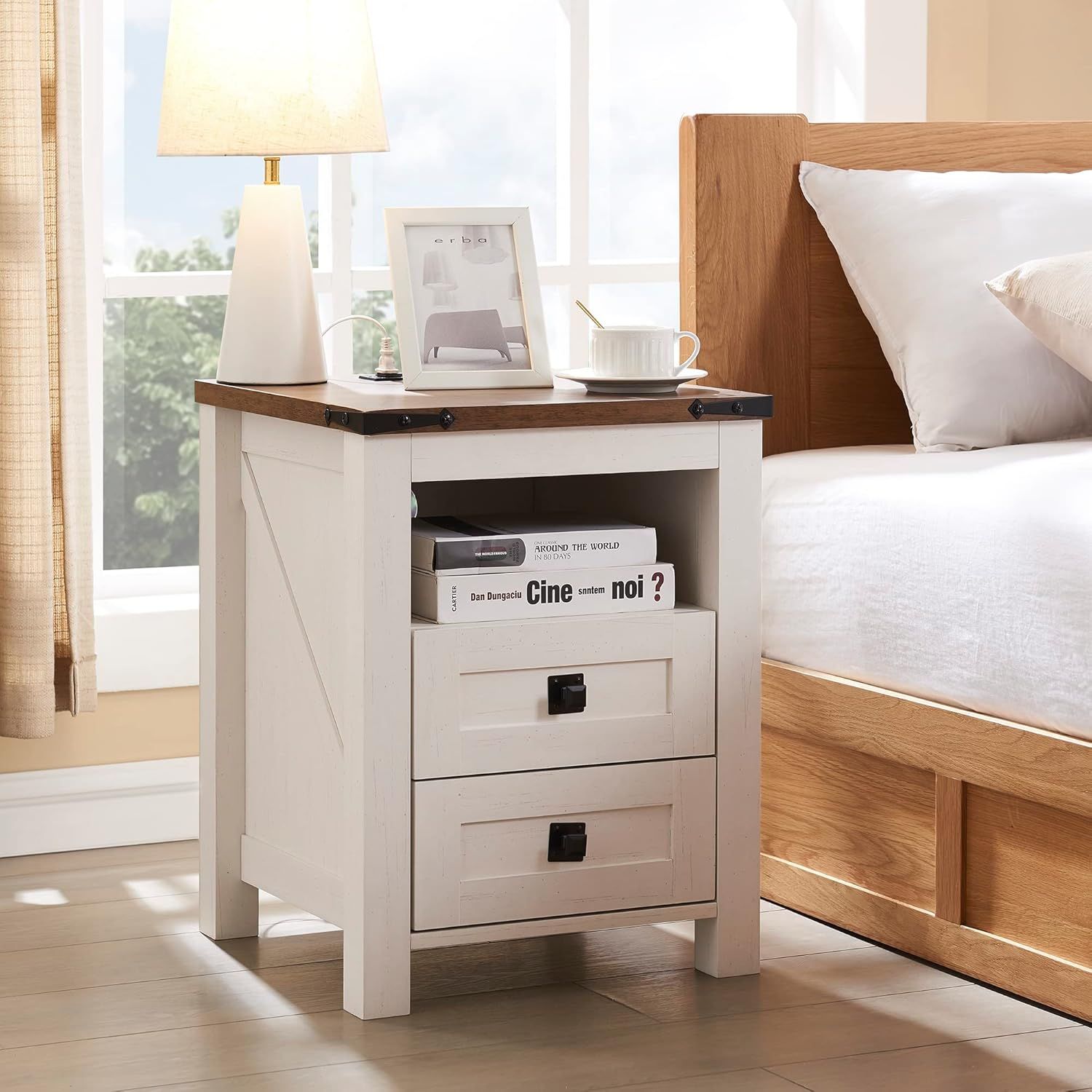 Antique White Rustic Wood Nightstand with Charging Station and 2 Drawers