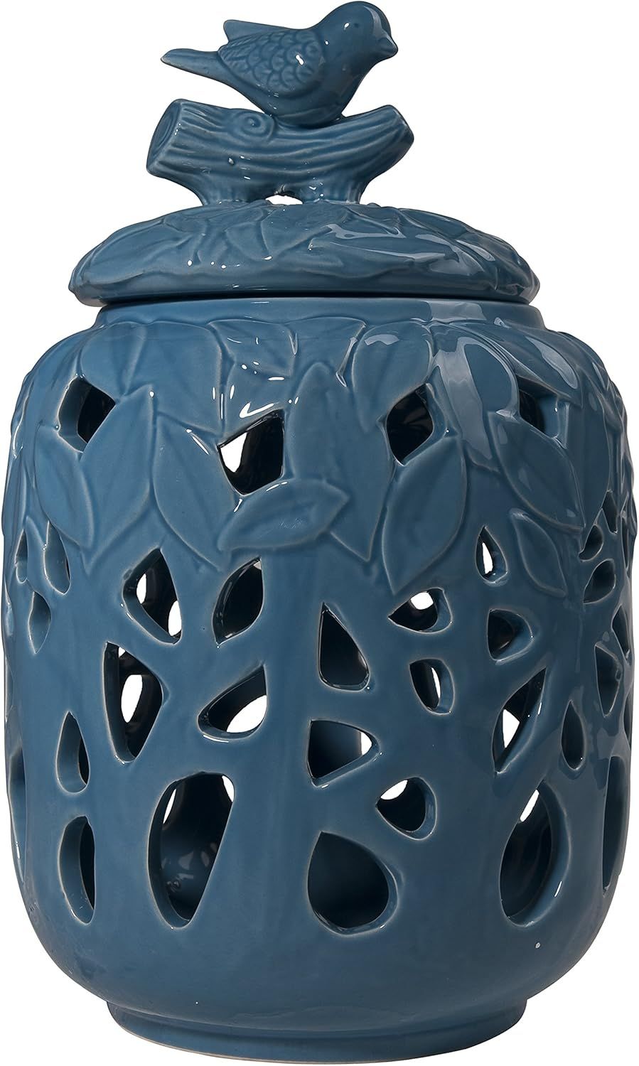 Blue Ceramic Decorative Jar with Bird Finial, 12-Inch