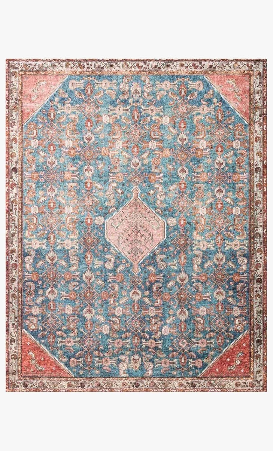 Blue and Clay Vintage Distressed Polyester Accent Rug