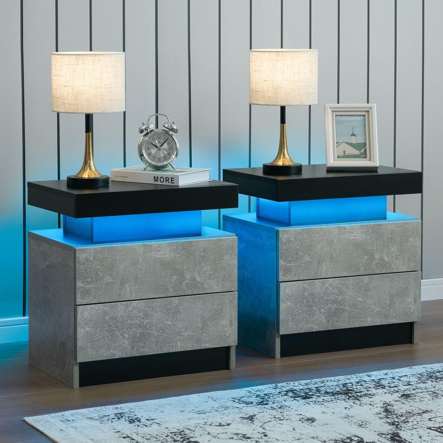 Grey and Black Particle Board Nightstand Set with LED Lights