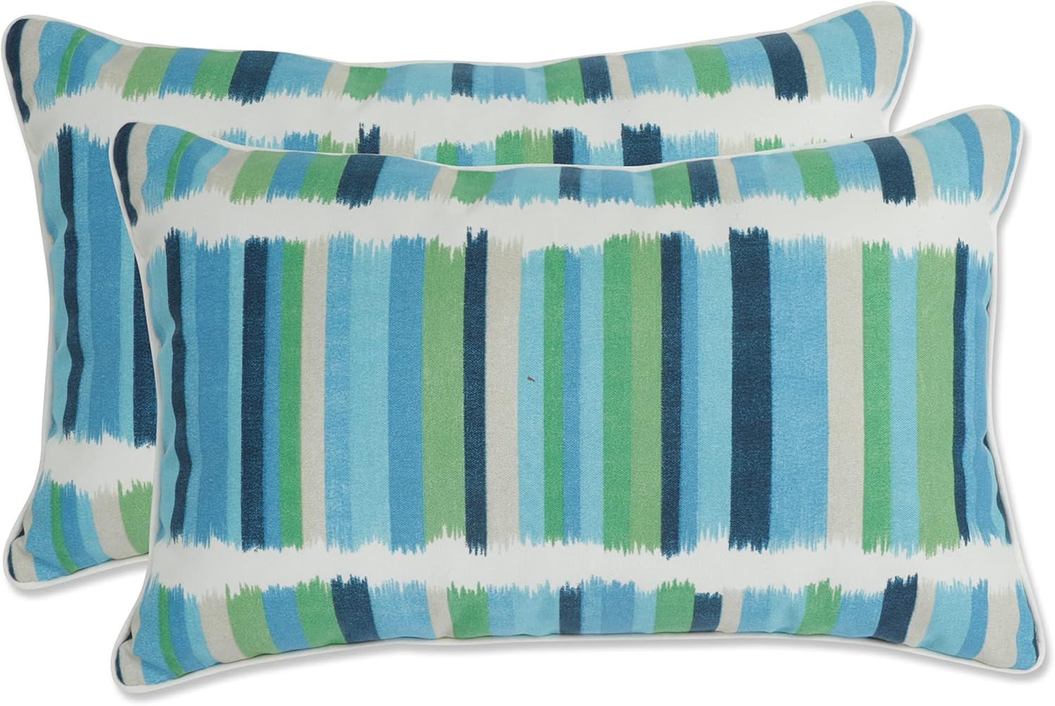 Azure Blue and Green Striped Outdoor Lumbar Pillows Set