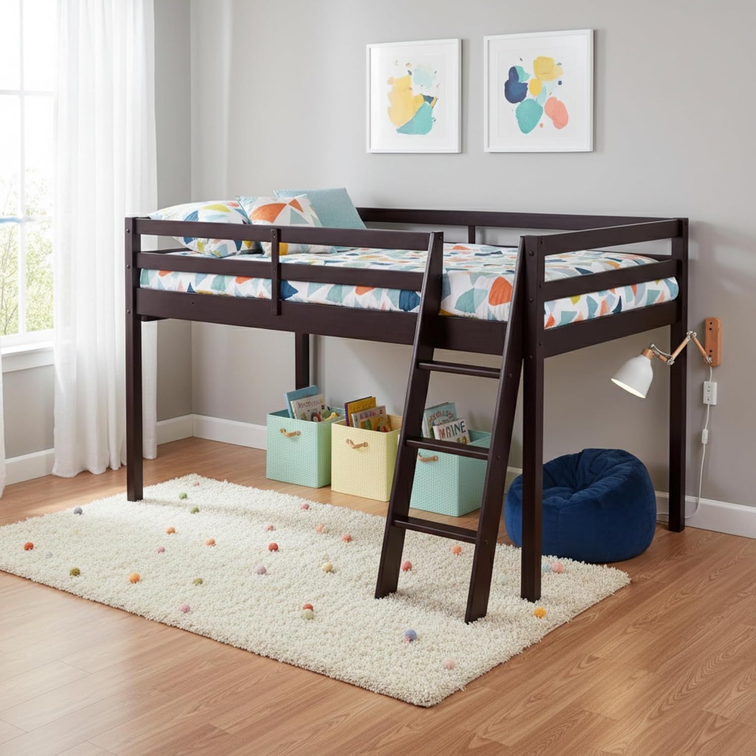 Espresso Twin Loft Bed with Ladder and Guardrails