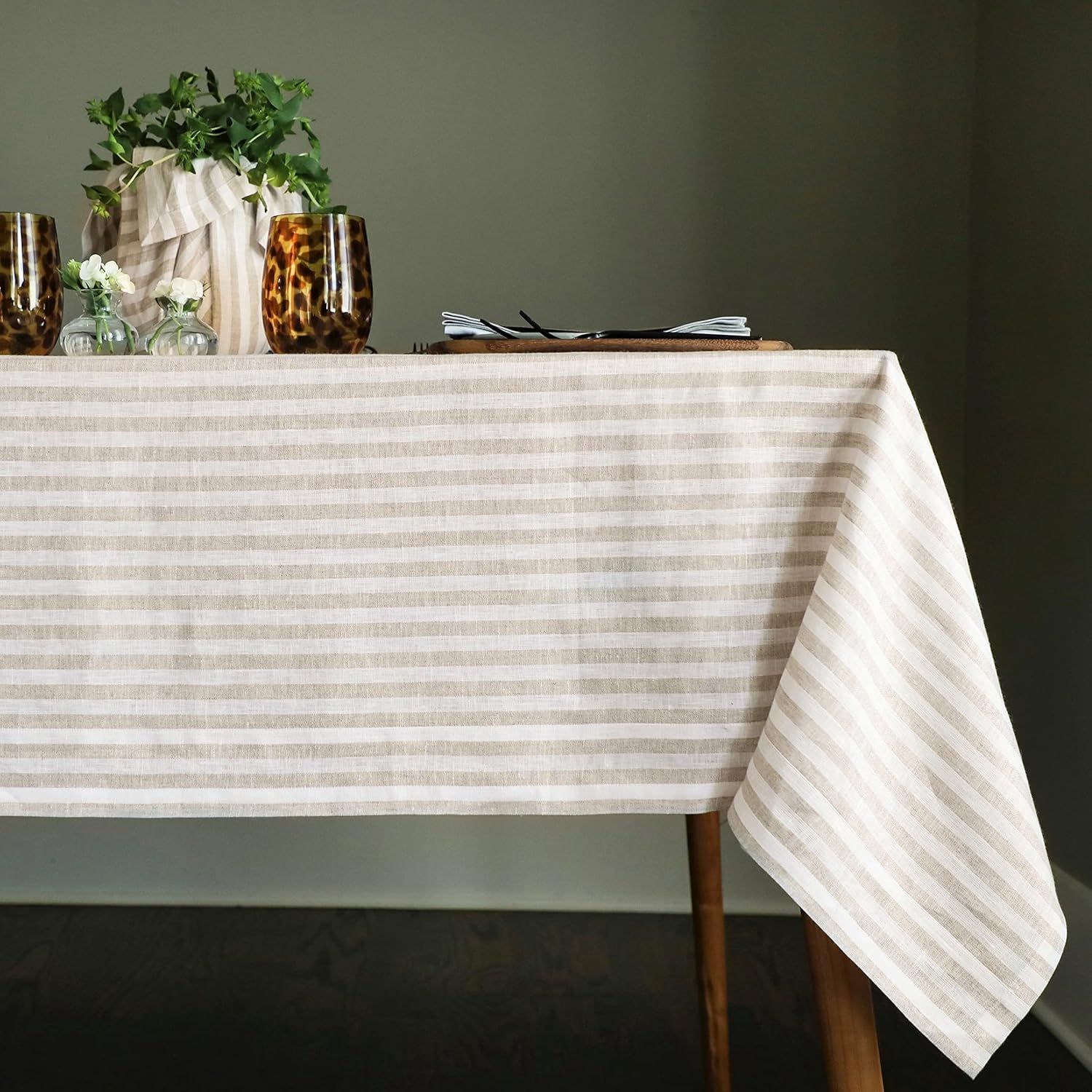 Natural and White Striped Linen Rectangular Tablecloth 60 x 90 Inch