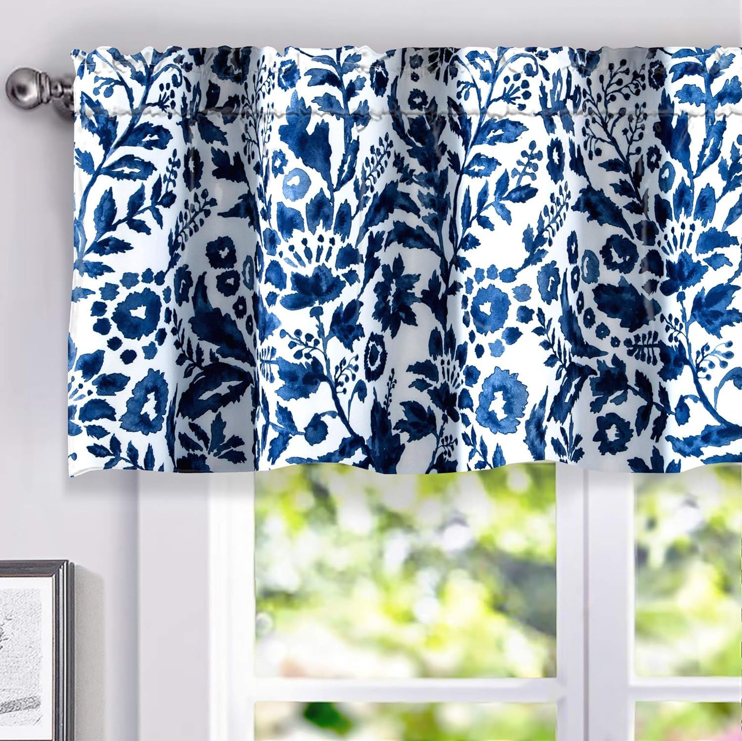 Navy Floral Watercolor Thermal Insulated Rod Pocket Valance