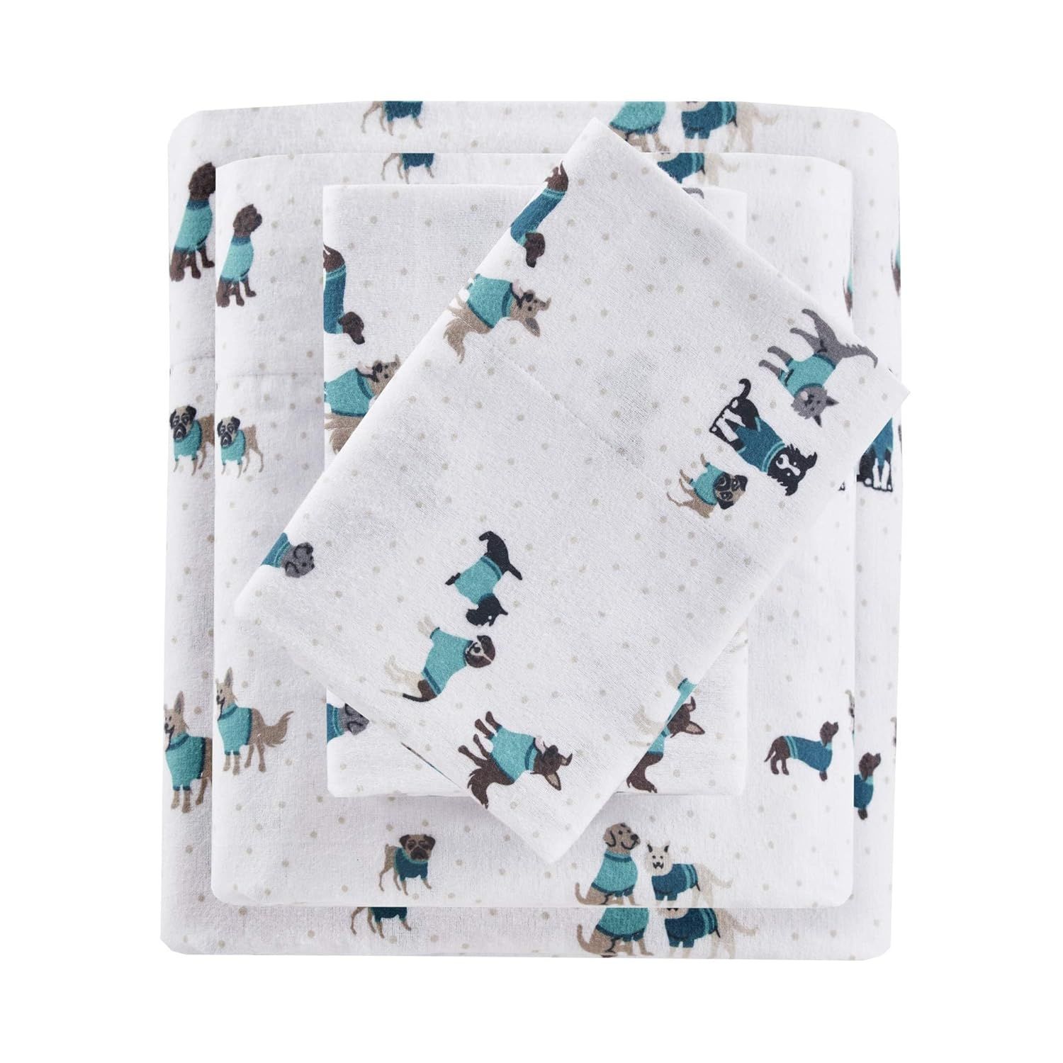 Teal Dogs Full Cotton Flannel Sheet and Pillowcase Set