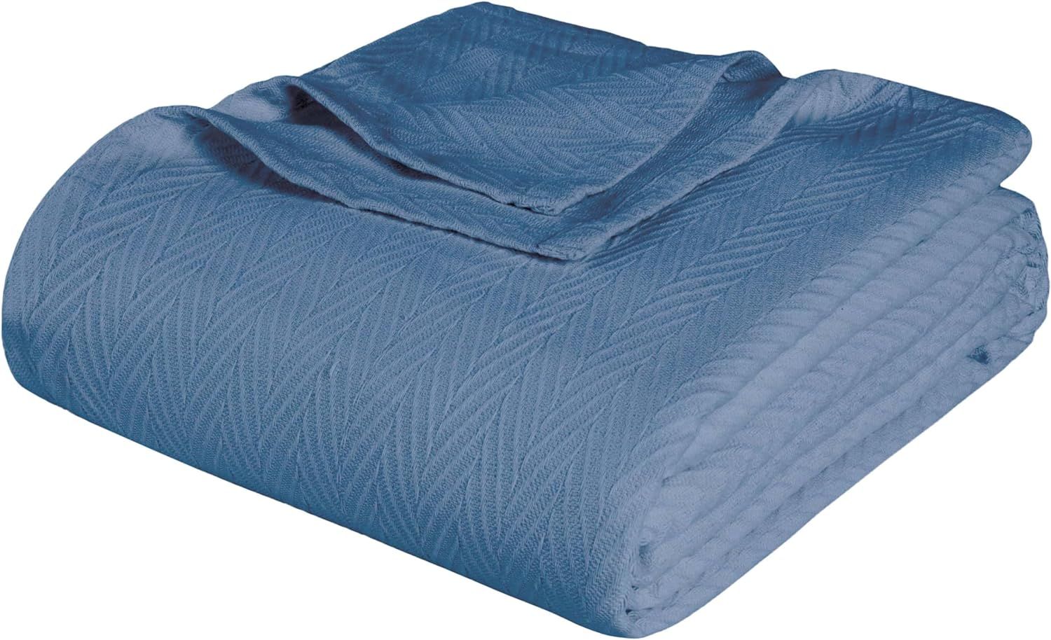 Denim Blue Cotton Chevron Knitted Throw Blanket, 60 x 50 Inches