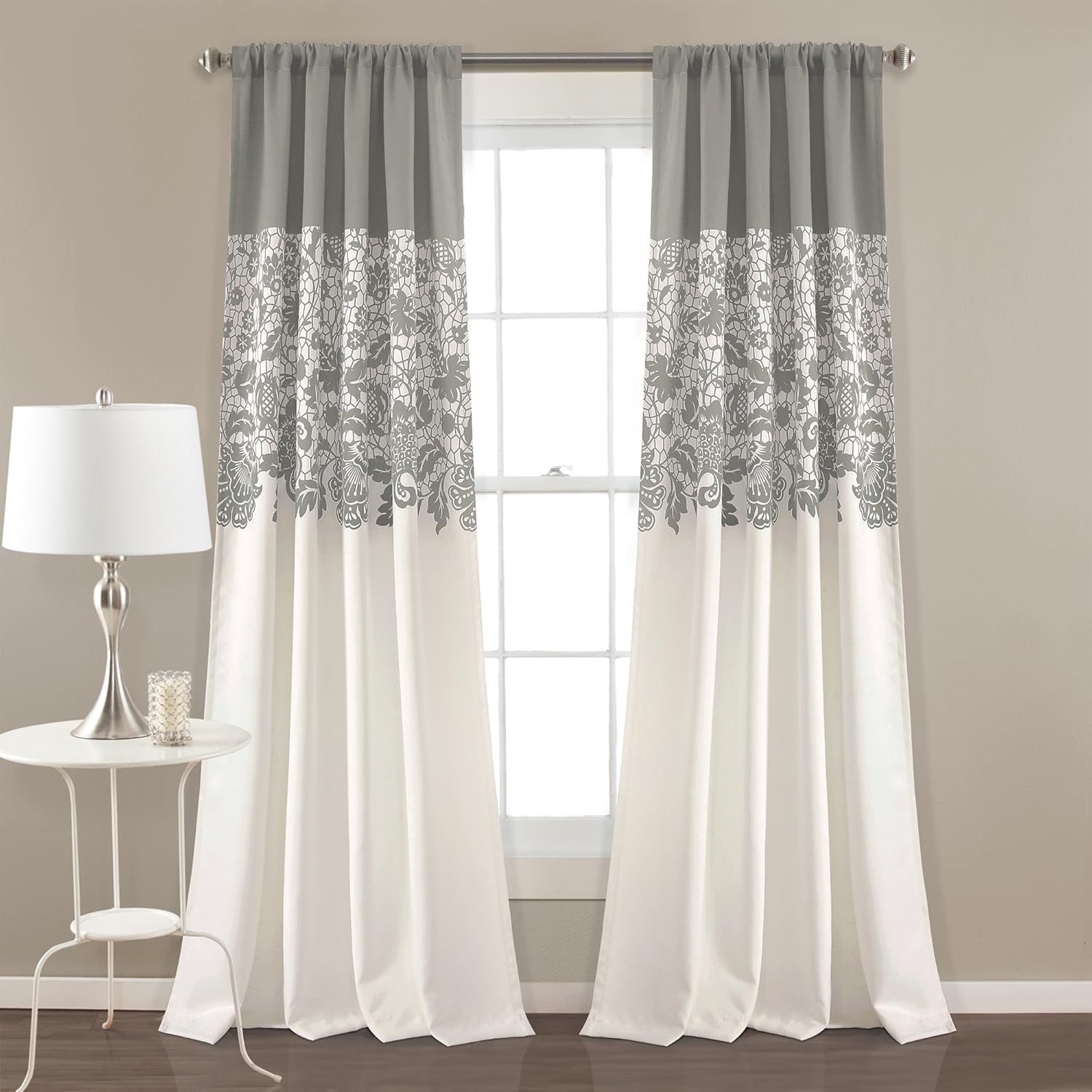 Gray and White Floral Blackout Polyester Extra Long Drapes