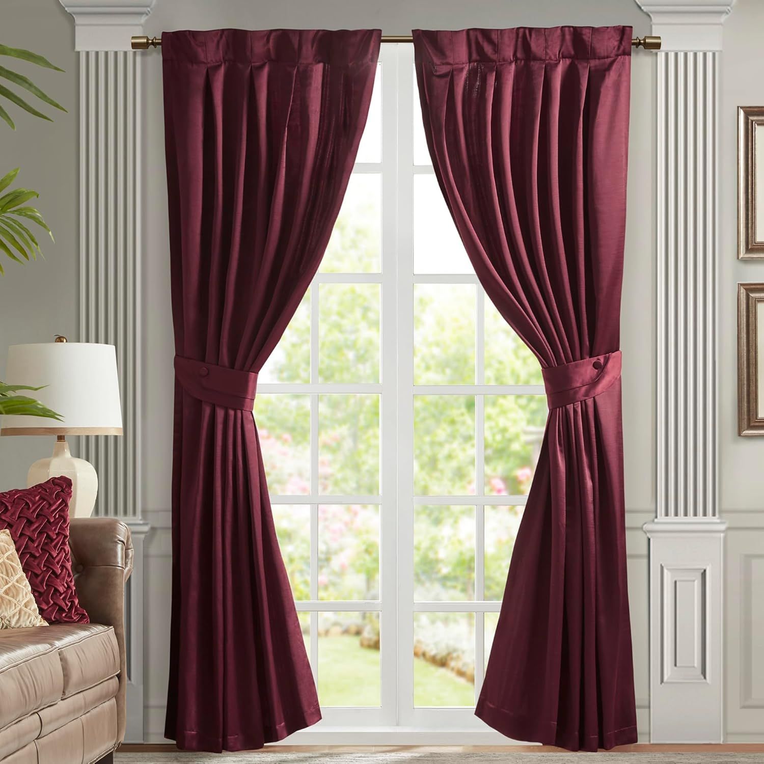 Burgundy Pleated Polyester Light-Filtering Rod Pocket Drapes