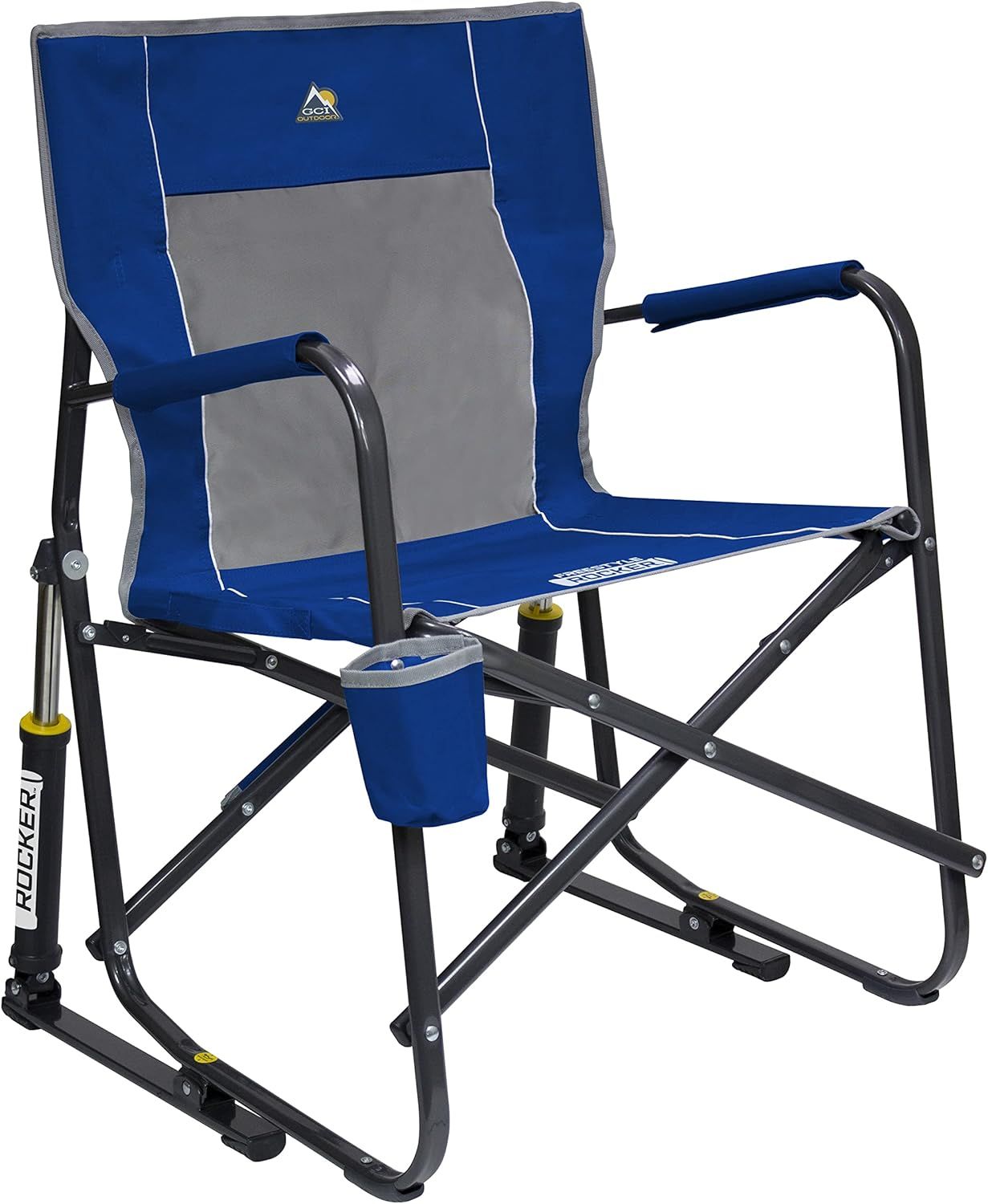 Blue and Gray Steel Outdoor Rocking Chair with Cup Holder