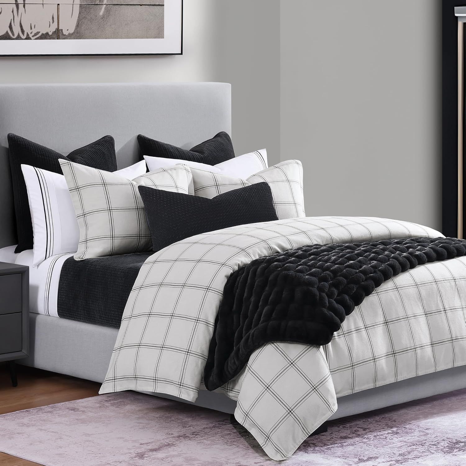 Full White Cotton Plaid Bedspread Set