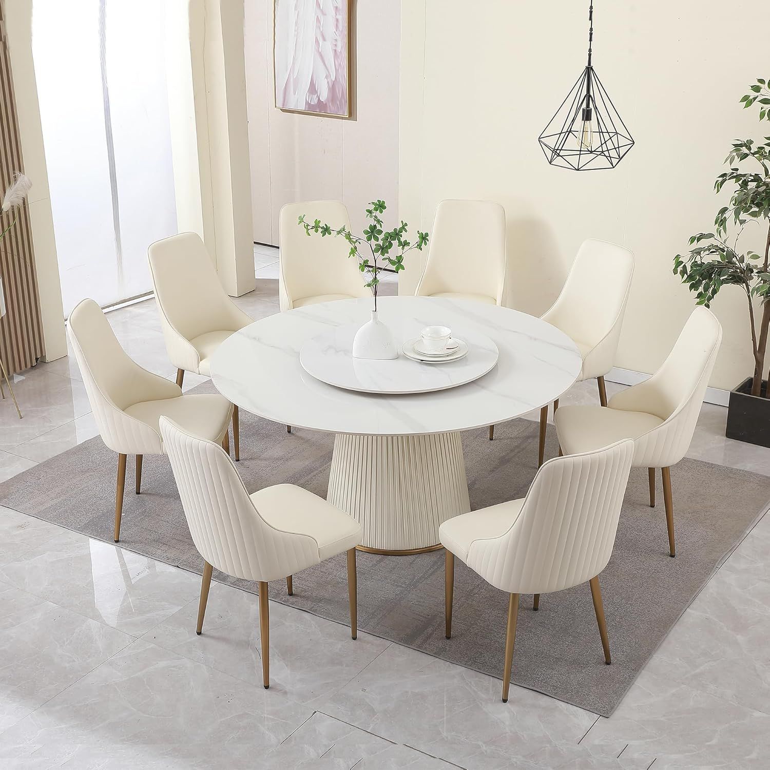 Modern White Sintered Stone Dining Table Set with 8 PU Leather Chairs