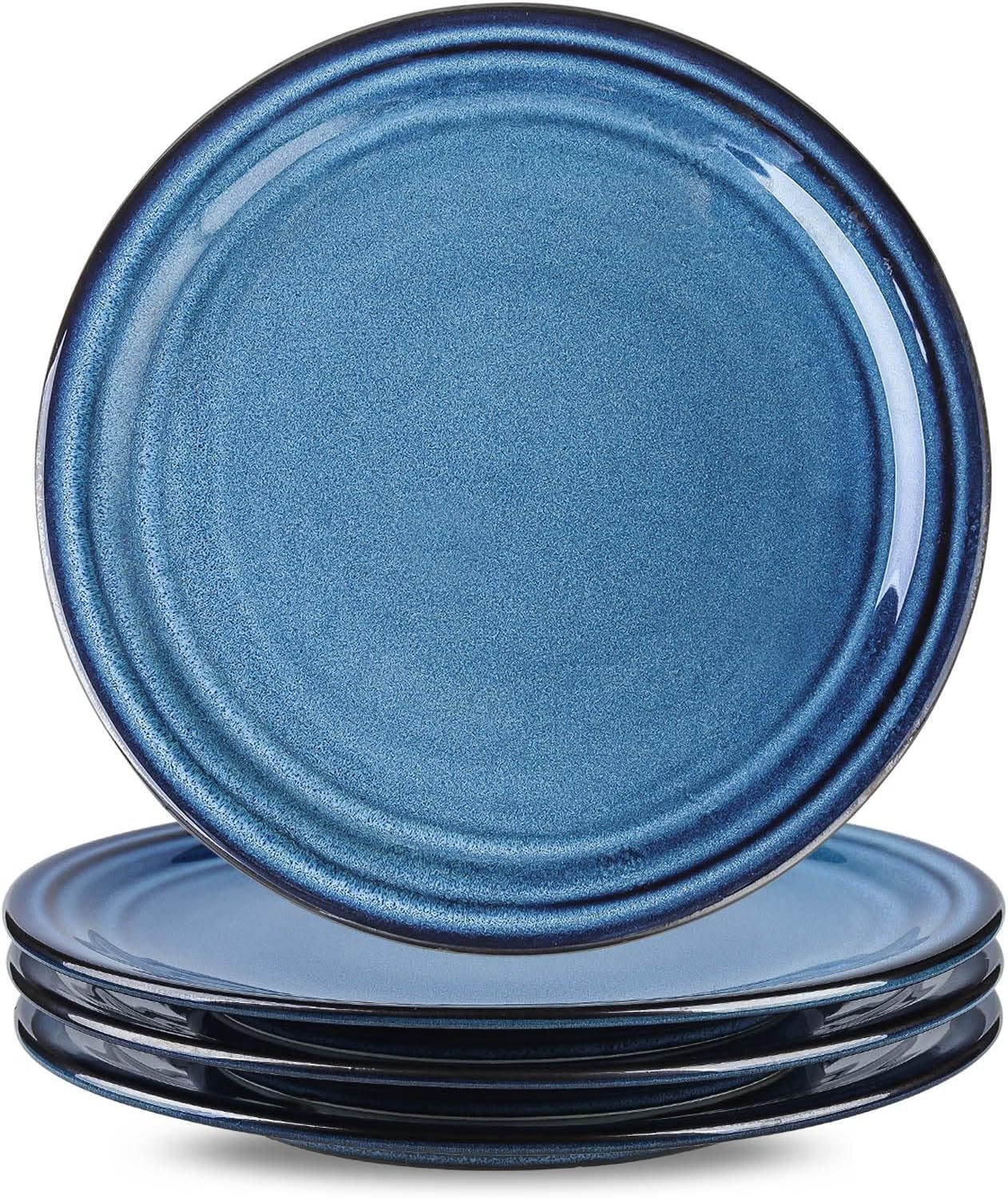 Blue Glossy Porcelain Round Christmas Salad Plates Set