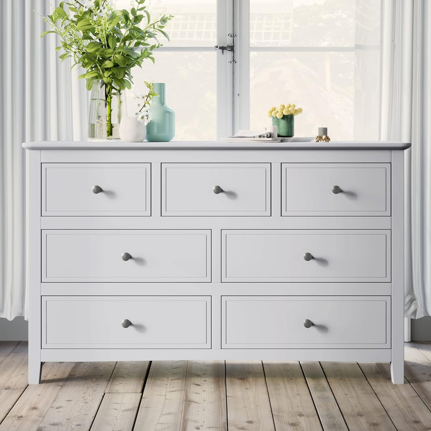 White Pine Wood Double Dresser with 7 Drawers