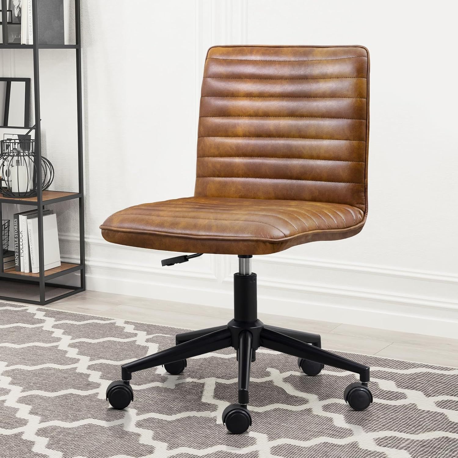 Dustyellow Leather Armless Swivel Task Chair with Black Base