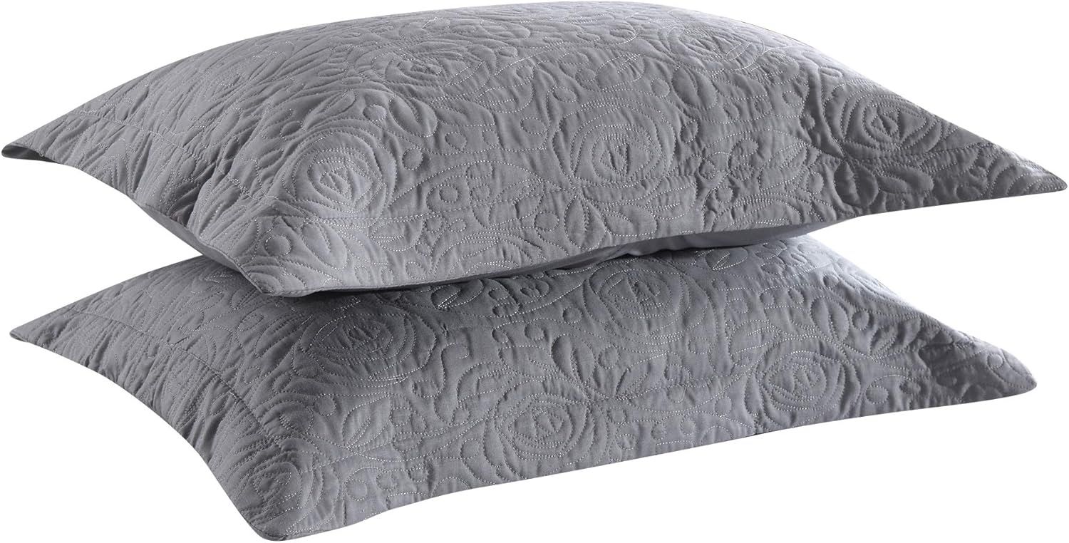 Grey Embroidered Cotton and Polyester Standard Pillow Shams