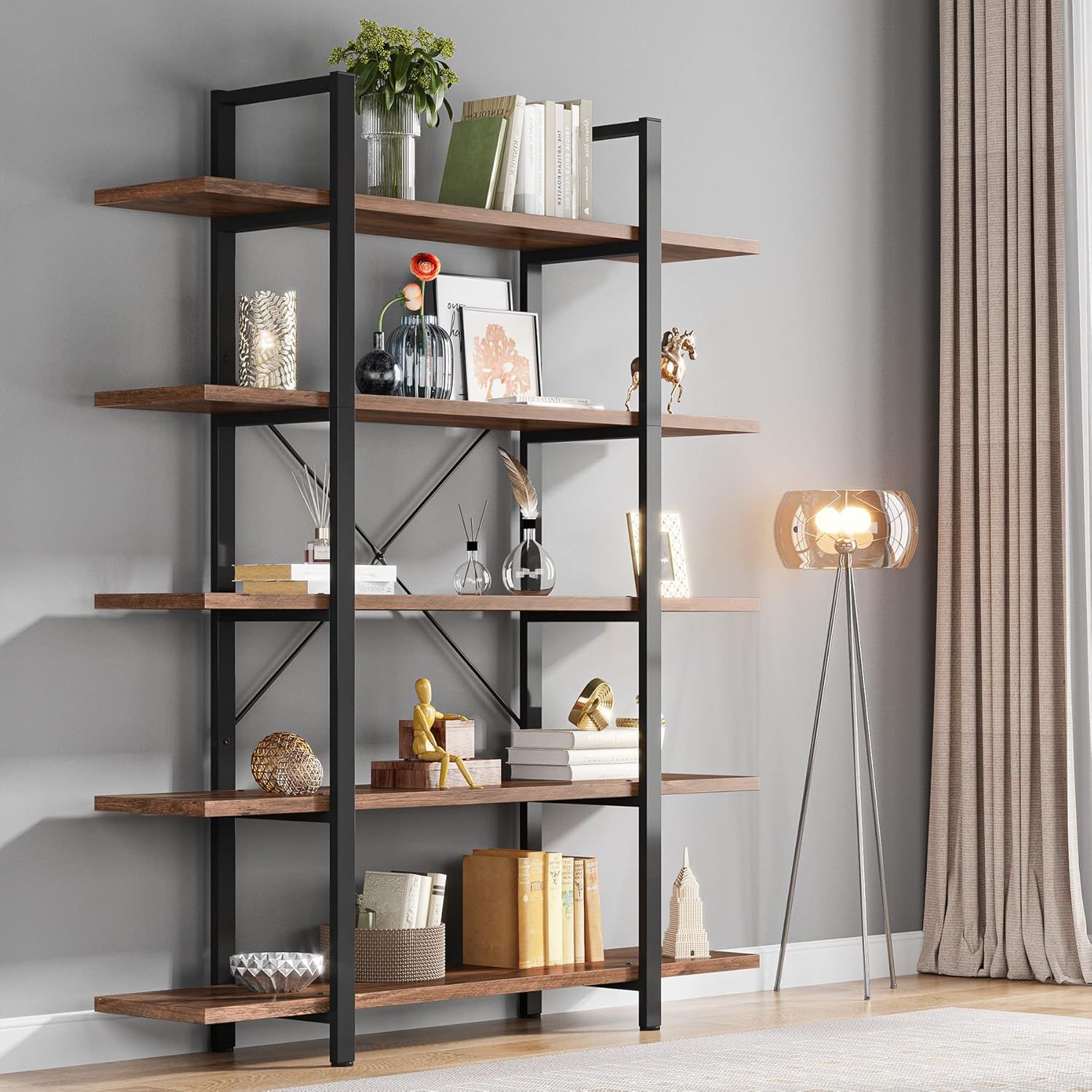 Tribesigns 5-Tier Retro Brown Metal Frame Industrial Bookshelf