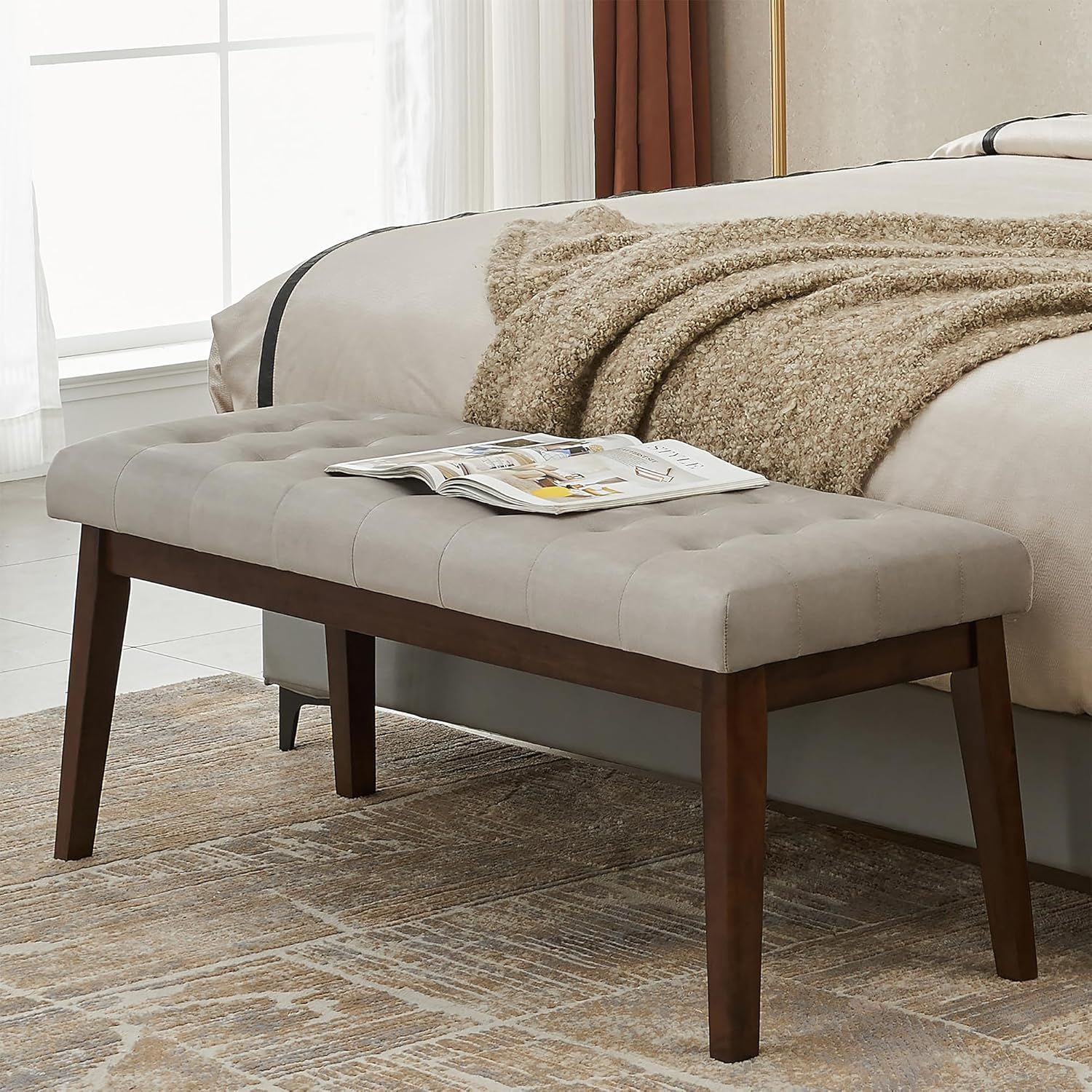 Gray Velvet Upholstered Bench with Solid Wood Legs