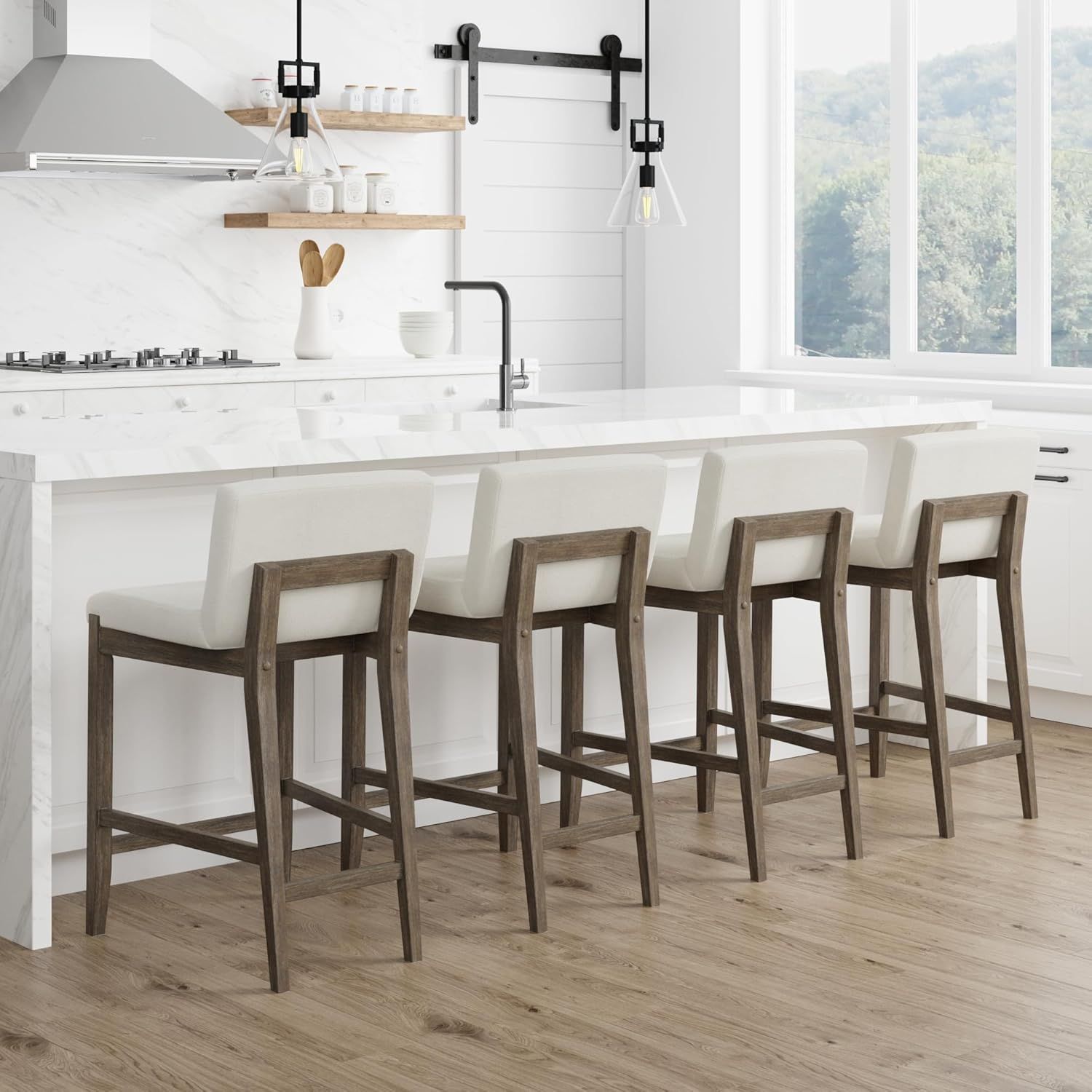 Gracie Dark Brown Wood Counter Stools with Cream Upholstery