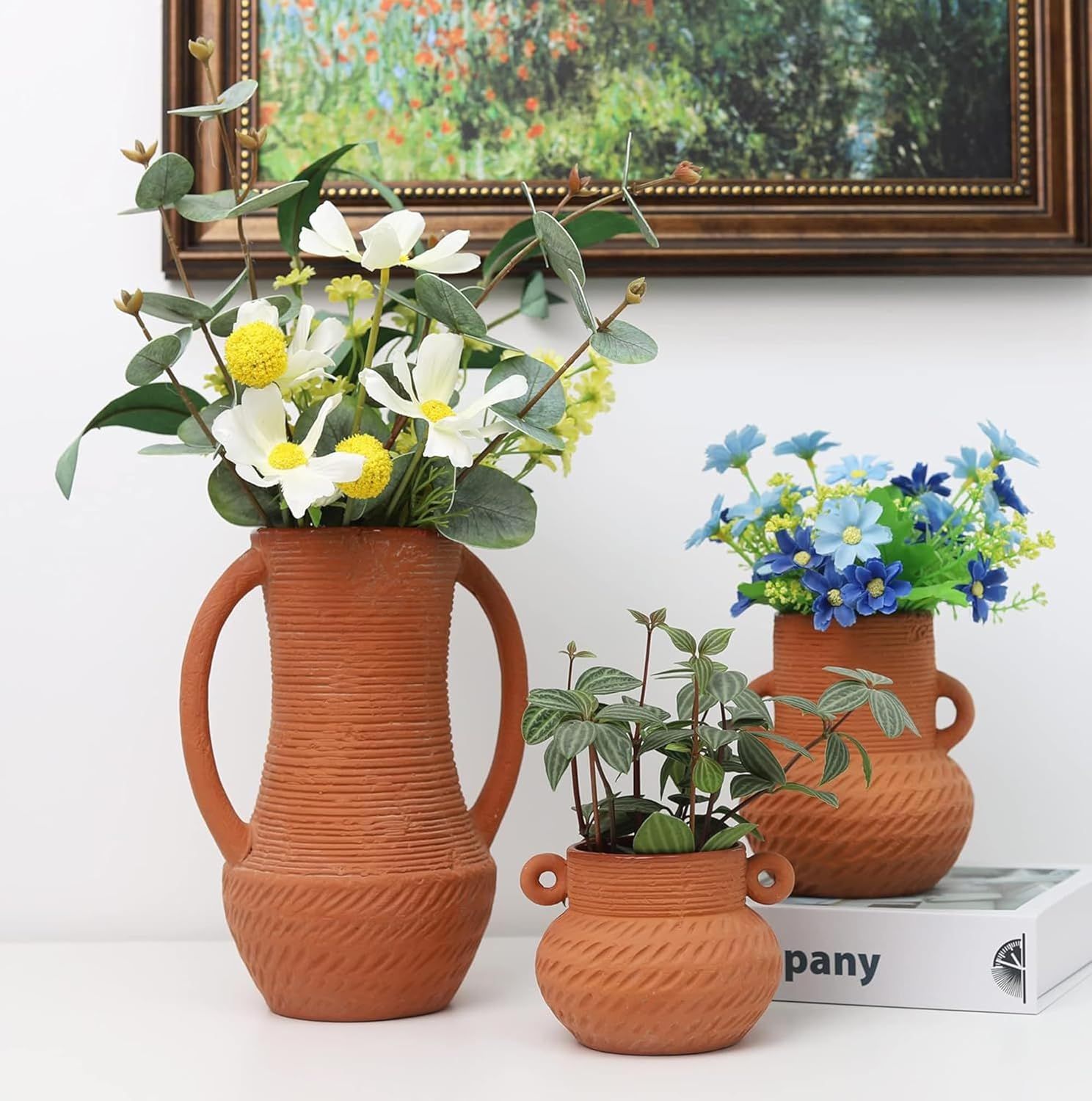 Terracotta Ceramic Vase Set with Handles for Flower Arrangements