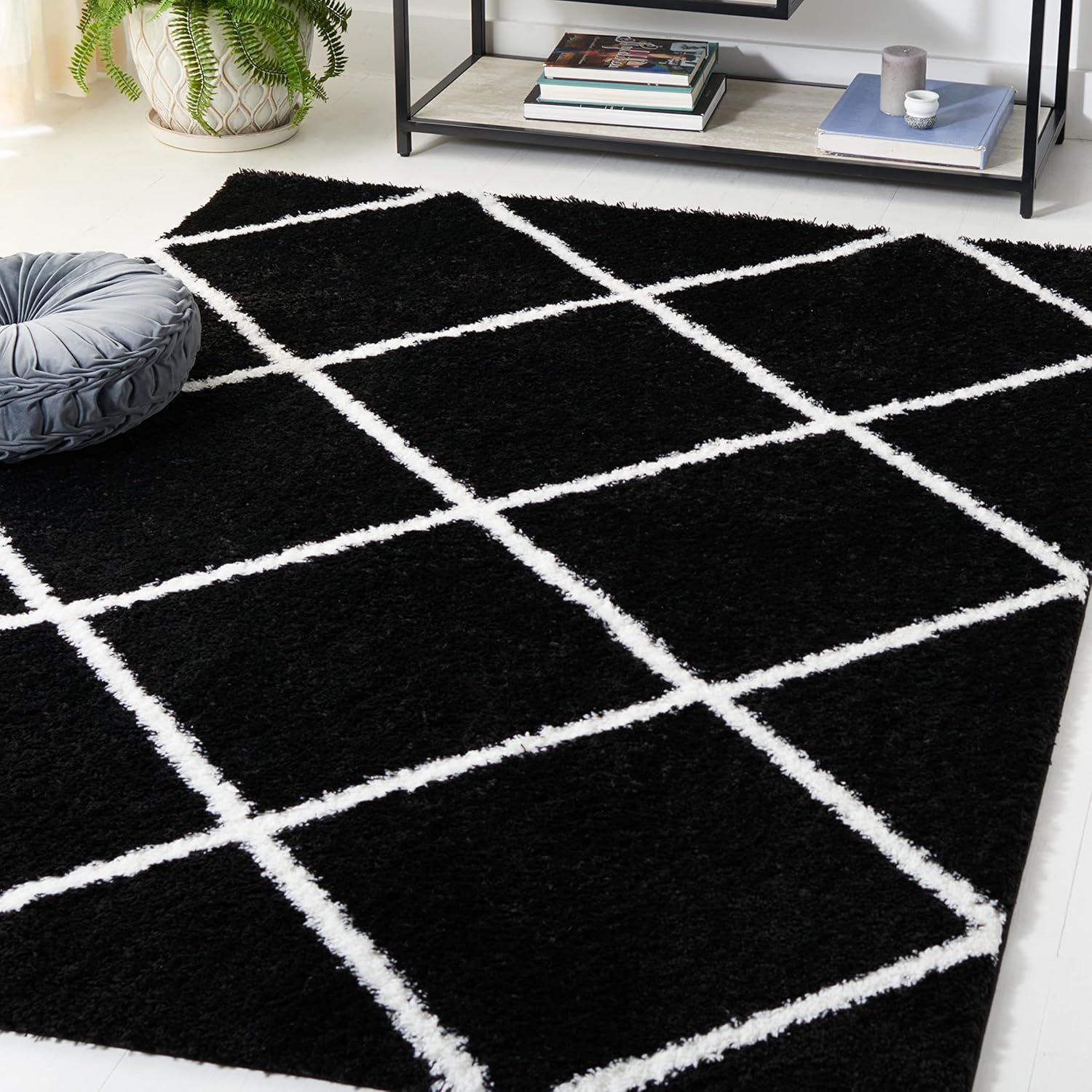 Black and White Geometric Shag 9' x 12' Synthetic Area Rug