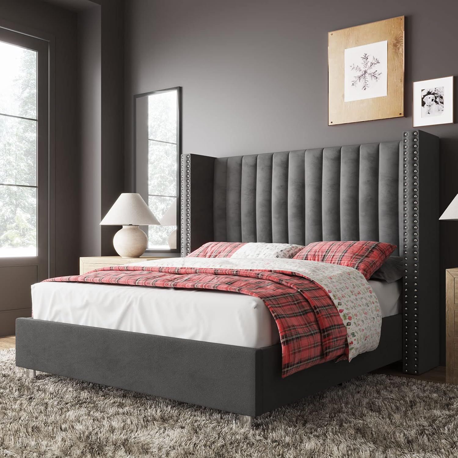 Queen Dark Gray Velvet Upholstered Platform Bed with Nailhead Trim