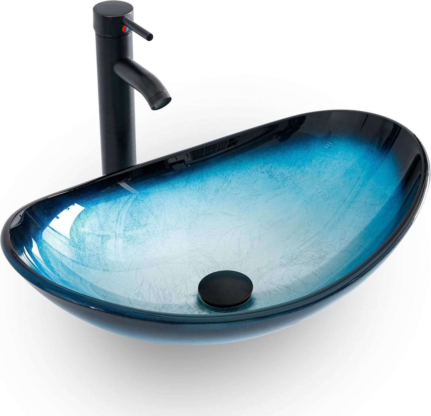 Turquoise Glass Above-Counter Vessel Sink with Faucet and Drain