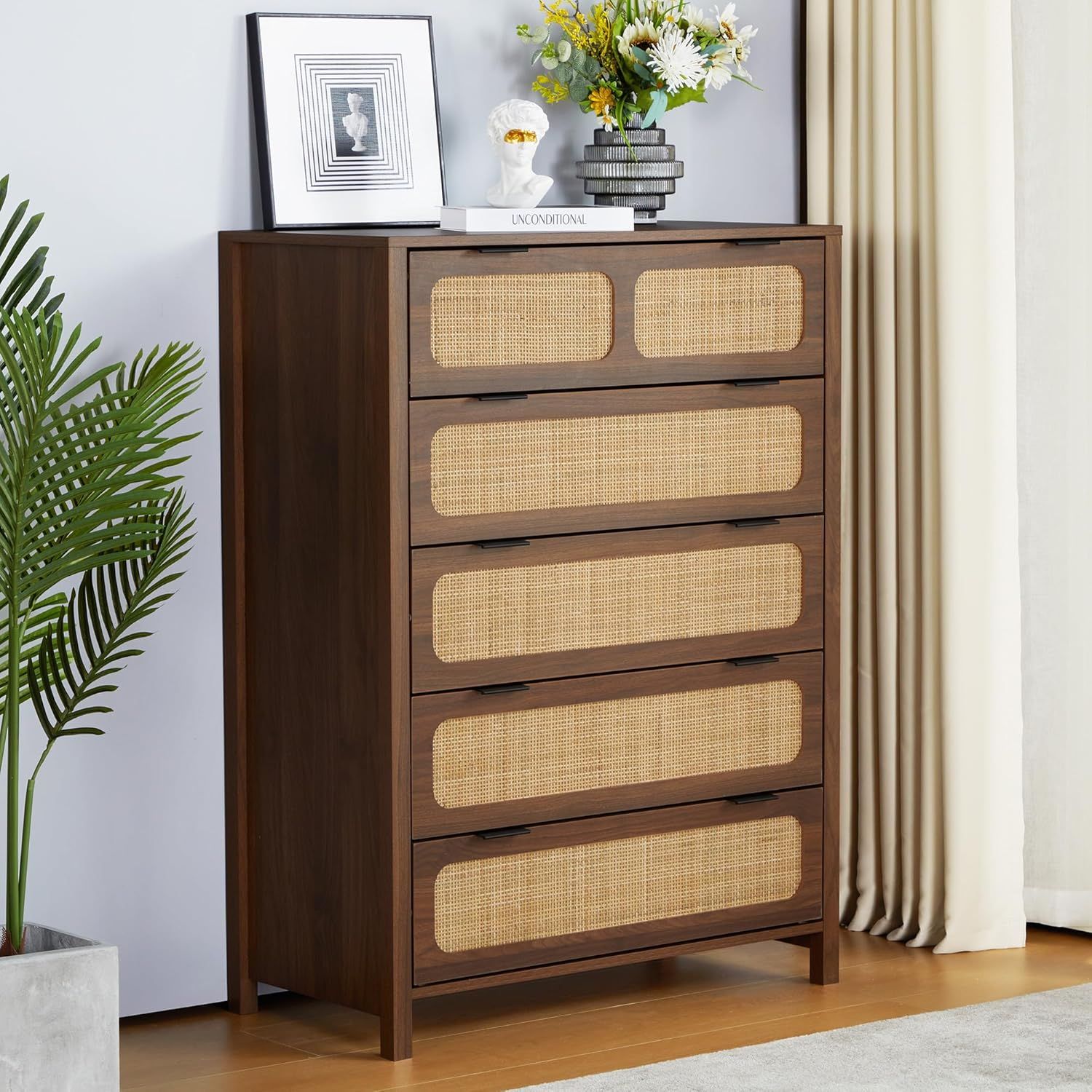 Walnut 5-Drawer Dresser with Rattan Fronts and Metal Handles