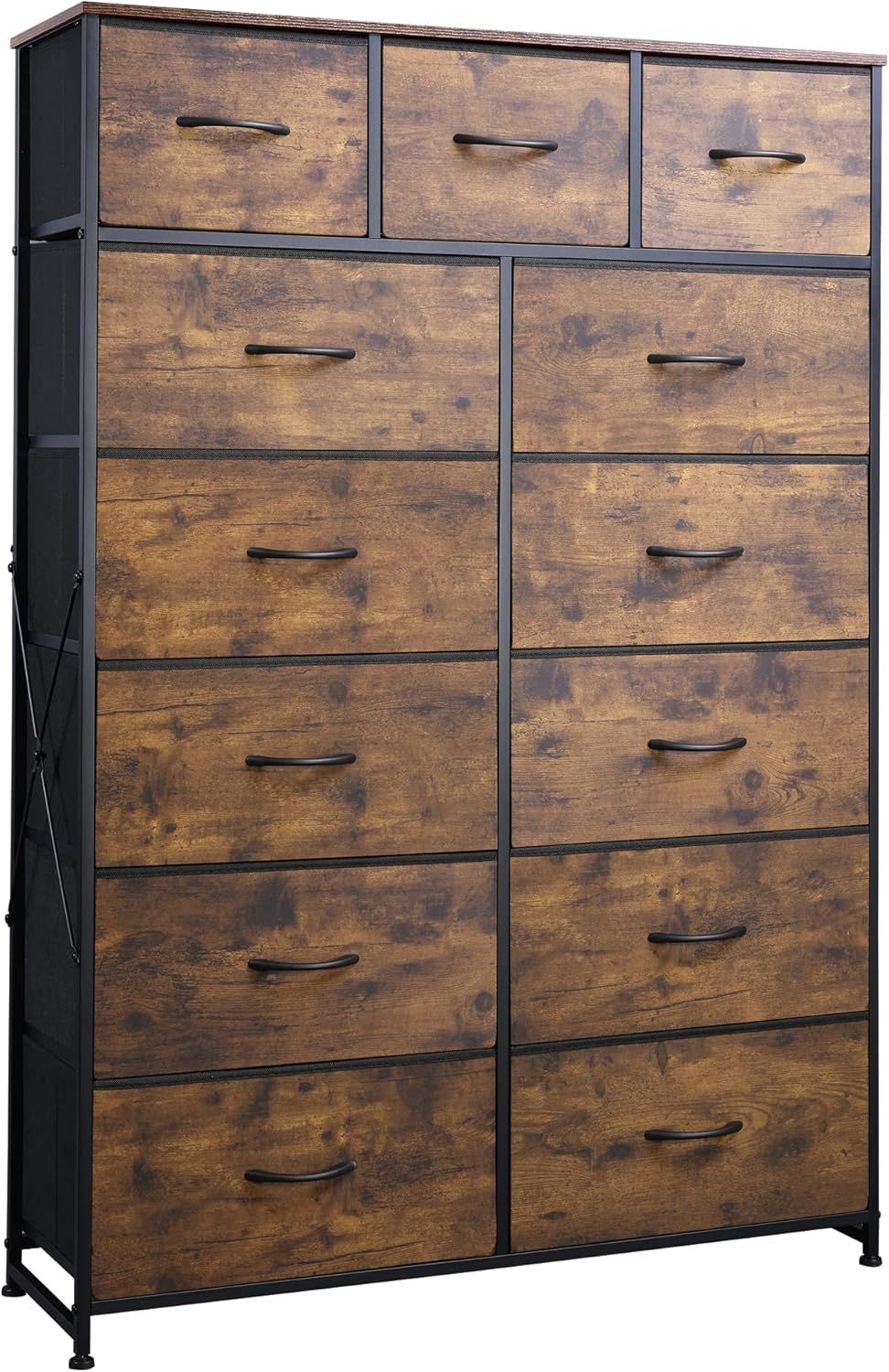 Rustic Brown Tall Fabric Dresser with Steel Frame and Wood Top