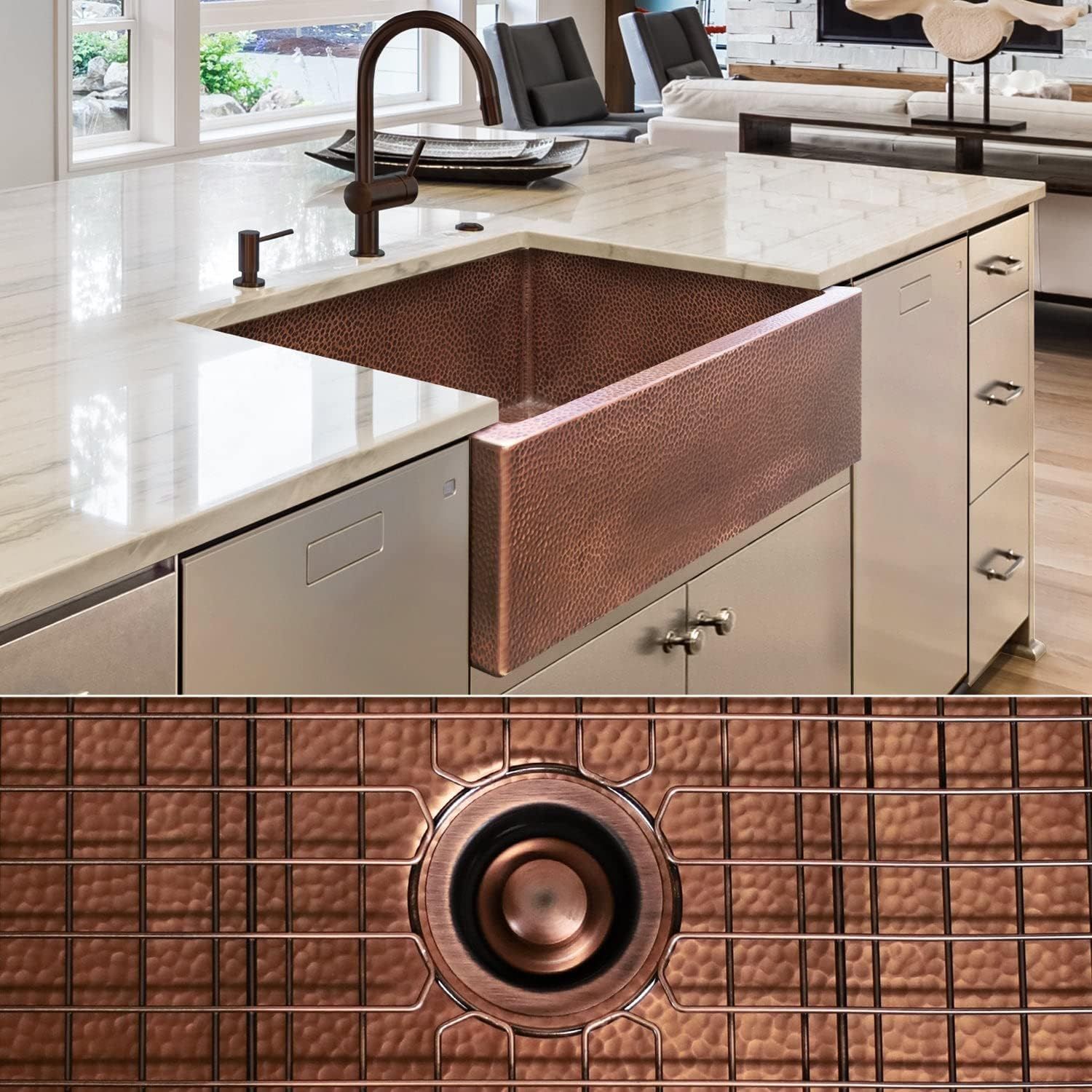 Luxury 30-Inch Hammered Copper Farmhouse Sink with Accessories