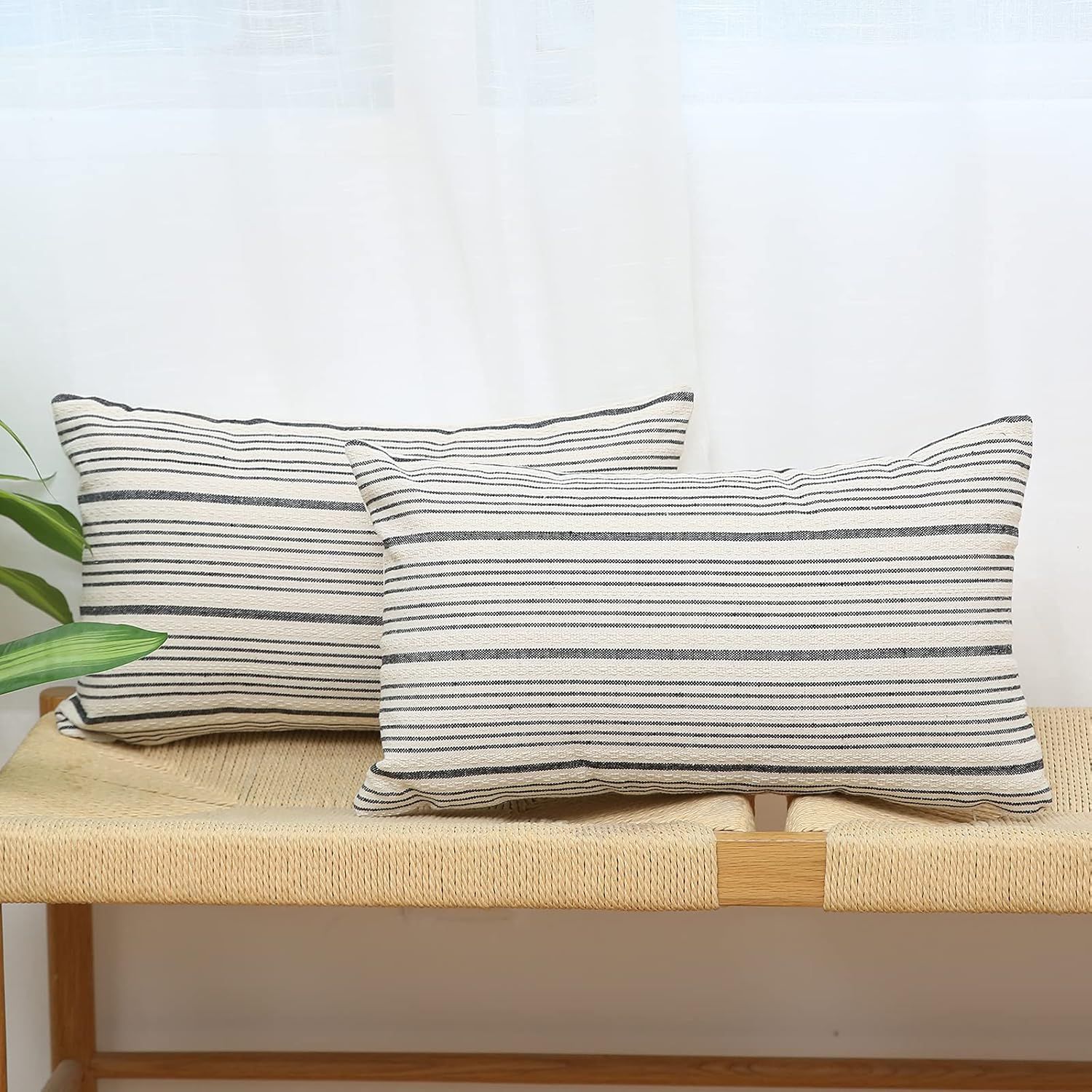 Modern Black and Beige Cotton Striped Throw Pillow Set